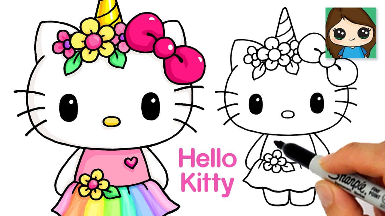 開心的Hello Kitty向你問好！ 壁紙 — 一隻手喺黑白輪廓旁邊畫緊一隻色彩繽紛、著住彩虹裙嘅Hello Kitty獨角獸。