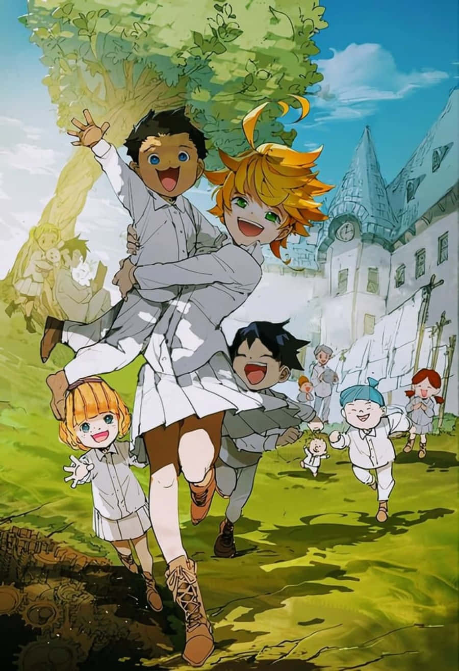 The Promised Neverland Emma 桌布 壁紙 — 開心的動畫小孩在陽光普照的草地上奔跑玩耍，背景是城堡和一棵巨樹。