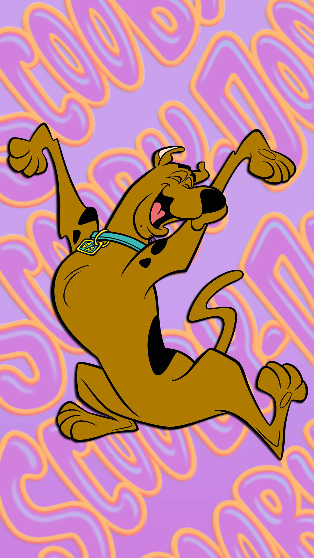 Scooby Doo 卡通角色喺色彩繽紛嘅背景上舉起雙臂跳起。