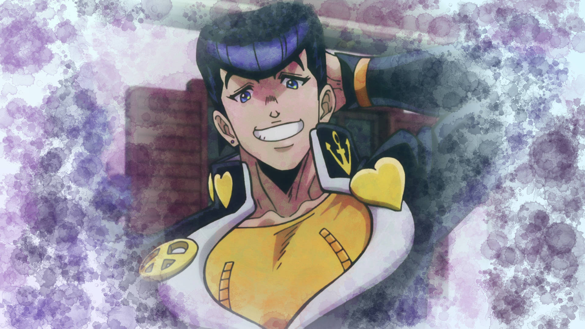 開心的喬斯克《JoJo的奇妙冒險》 壁紙 — 一個開心的動漫角色，紫色頭髮和黃色服裝，在紫色水彩背景前自信地微笑。