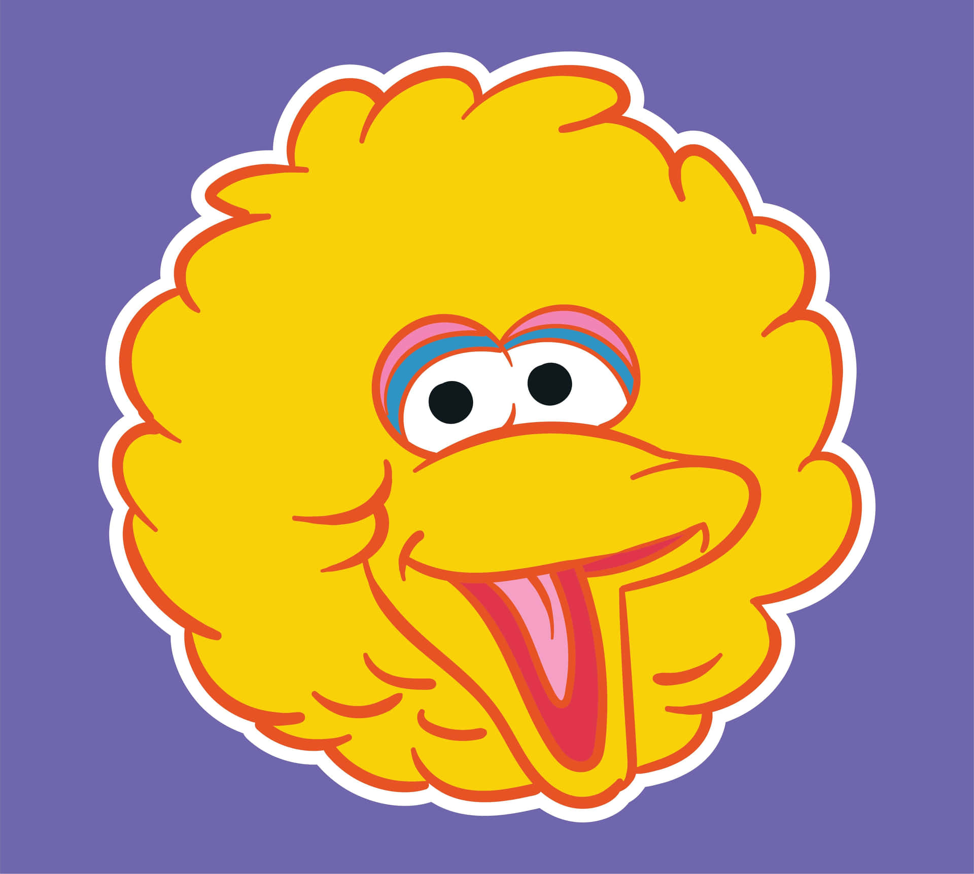 Big Bird 卡通角色在紫色背景上伸出舌頭。