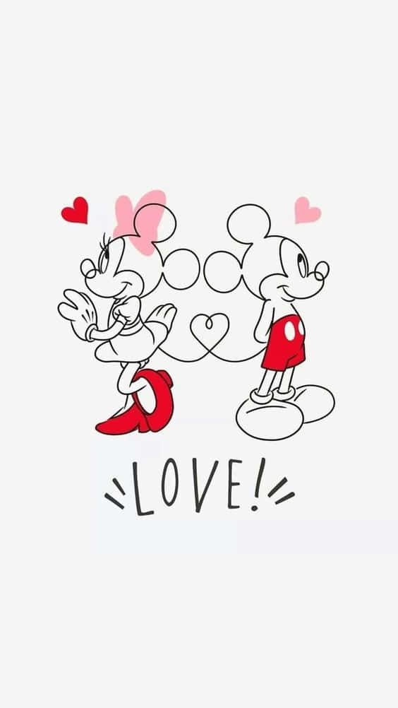 米奇和米妮老鼠手牽手，周圍有心形圖案，下方有「love」字樣。