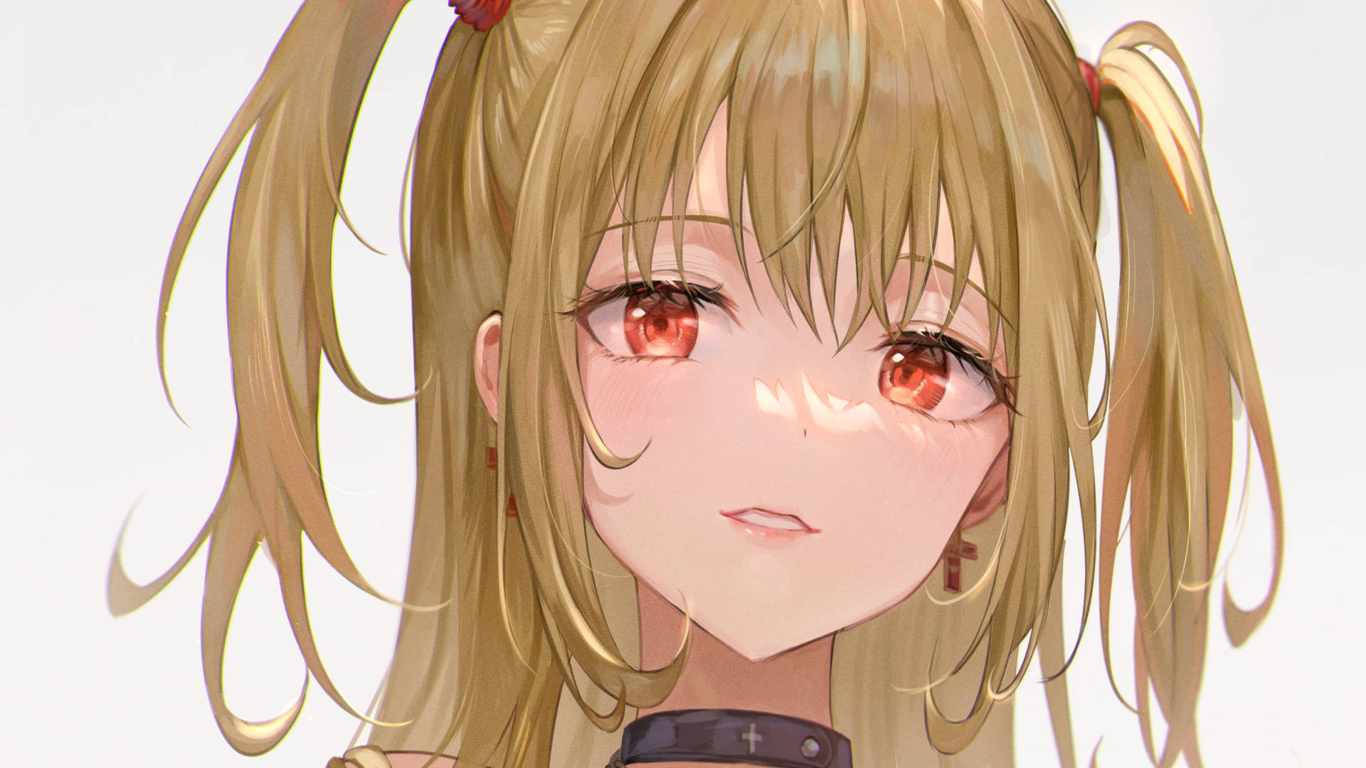 開心的美沙·阿曼粉絲藝術 壁紙 — 一個開心嘅動漫女仔嘅特寫，佢有金色孖辮同紅色眼睛，喺純白背景前輕輕微笑。
