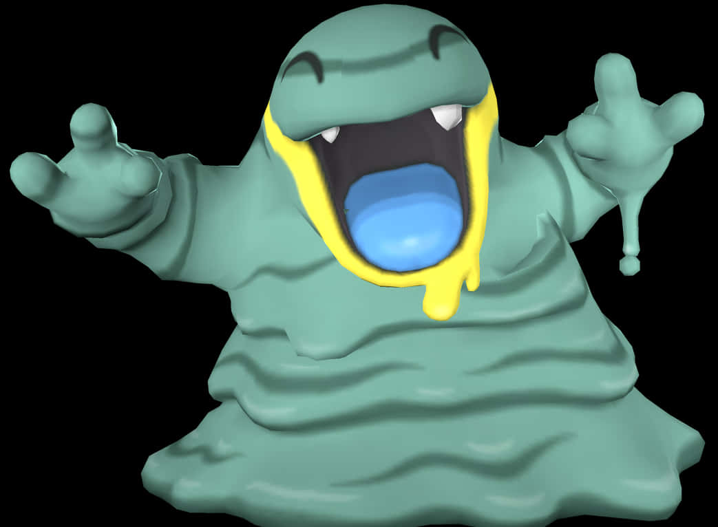 青綠色污泥Pokémon打喊露，黃色嘴巴同藍色舌頭。
