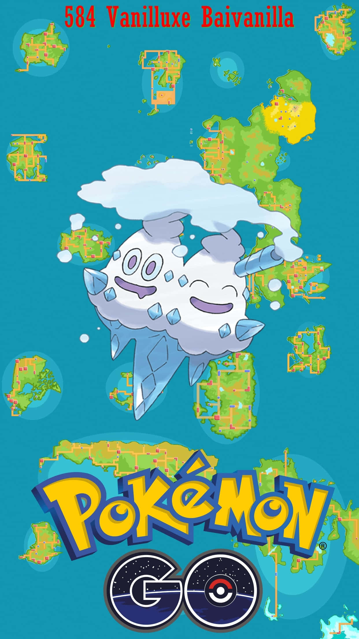 遊戲 桌布 壁紙 — 開心的雙倍多多冰漂浮在青綠色背景上的 Pokémon GO 位置地圖上方。