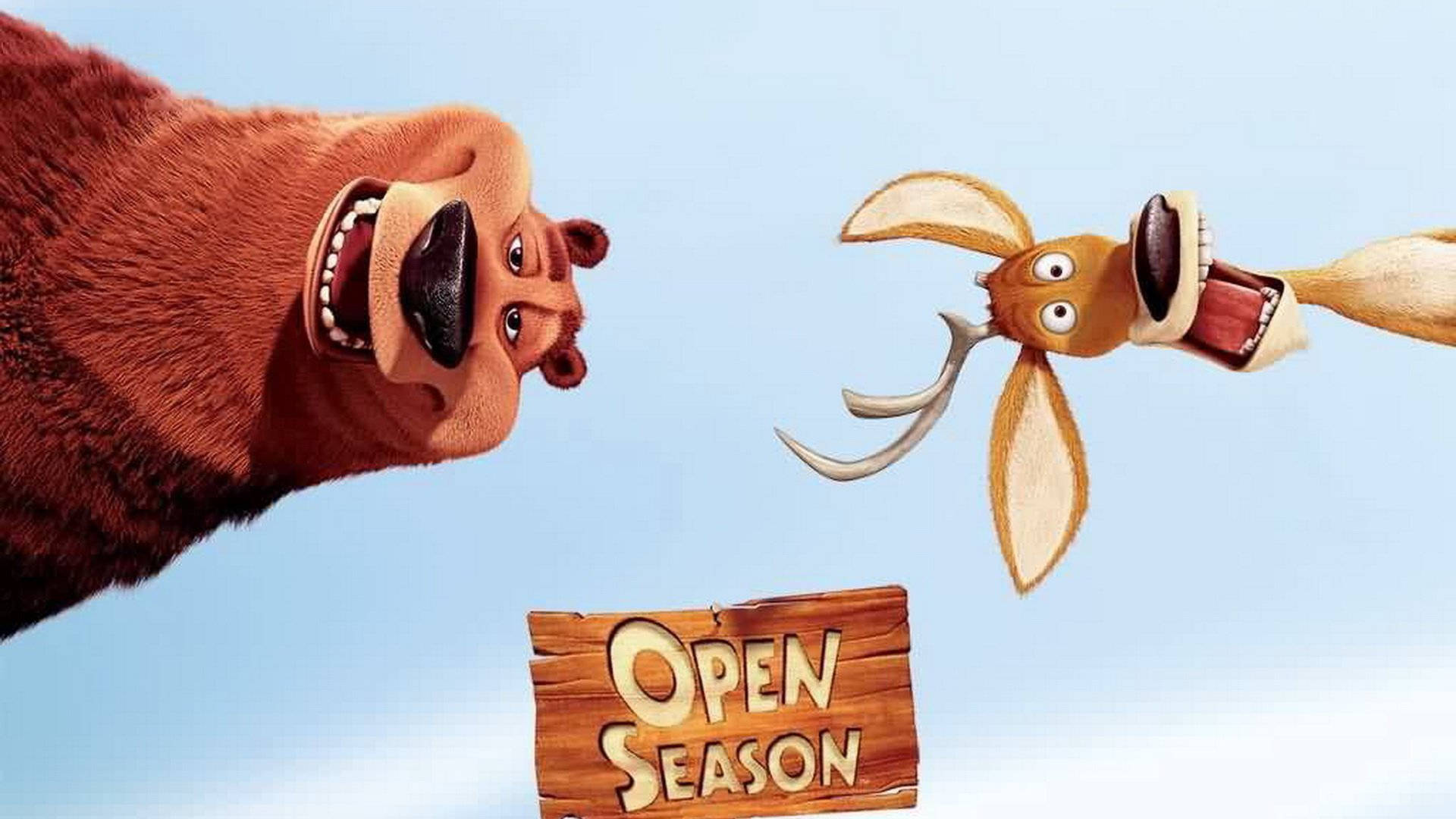 卡通熊和鹿在open season標誌上方露出驚訝表情。