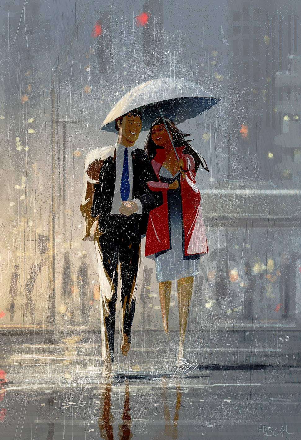 情侶在夜晚的城市街道上雨中共享一把雨傘。