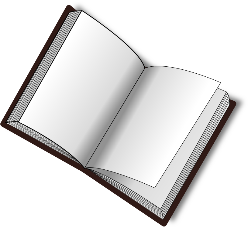 開放書籍向量插圖 壁紙 — 一本打開的書，有空白白色頁面和深棕色封面，放在純黑色背景上。