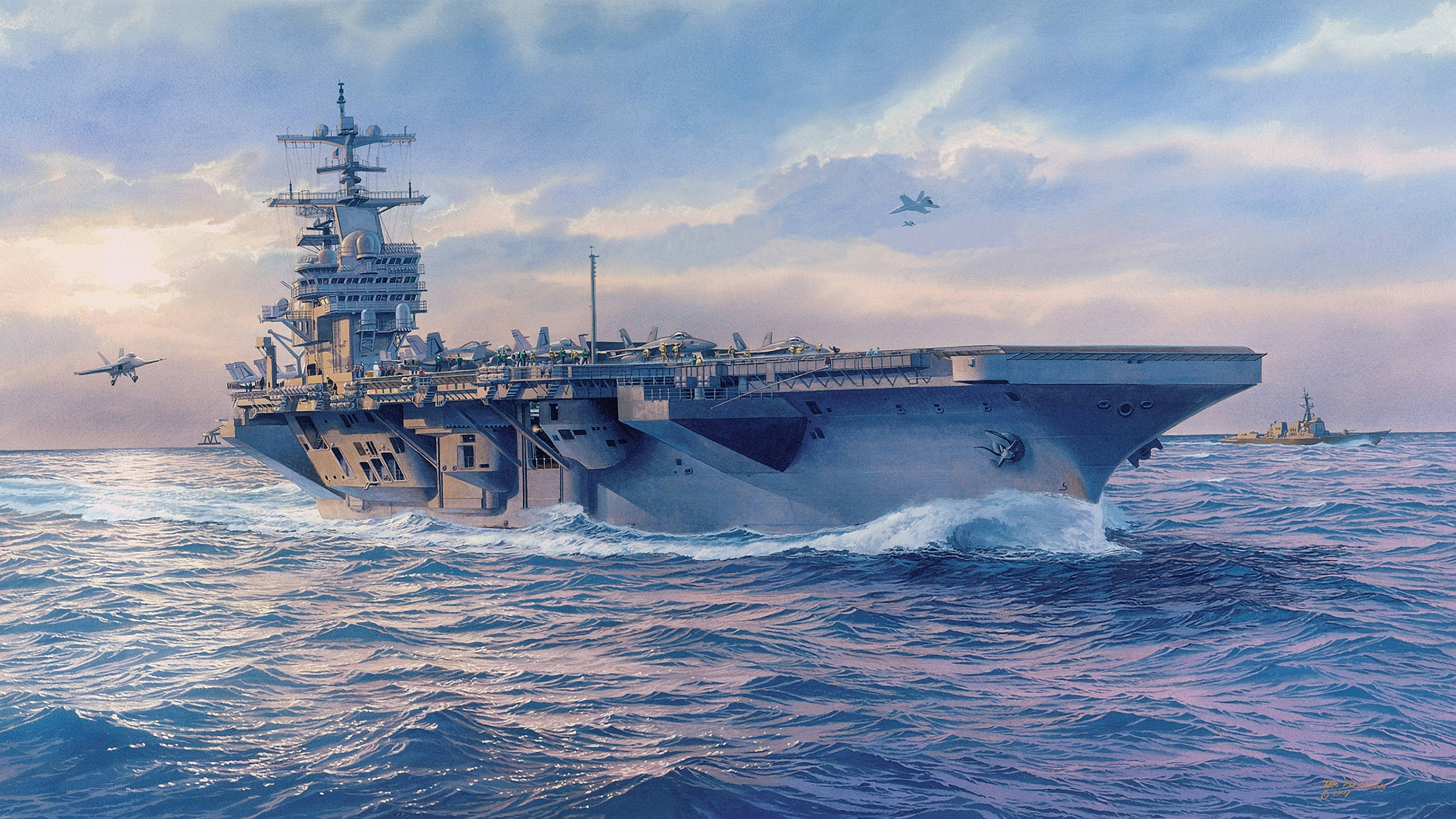開放甲板的戰艦 壁紙 — 一艘巨大的灰色航空母艦劃破深藍色的海浪，戰鬥機在柔和的暮色天空下盤旋其周圍。