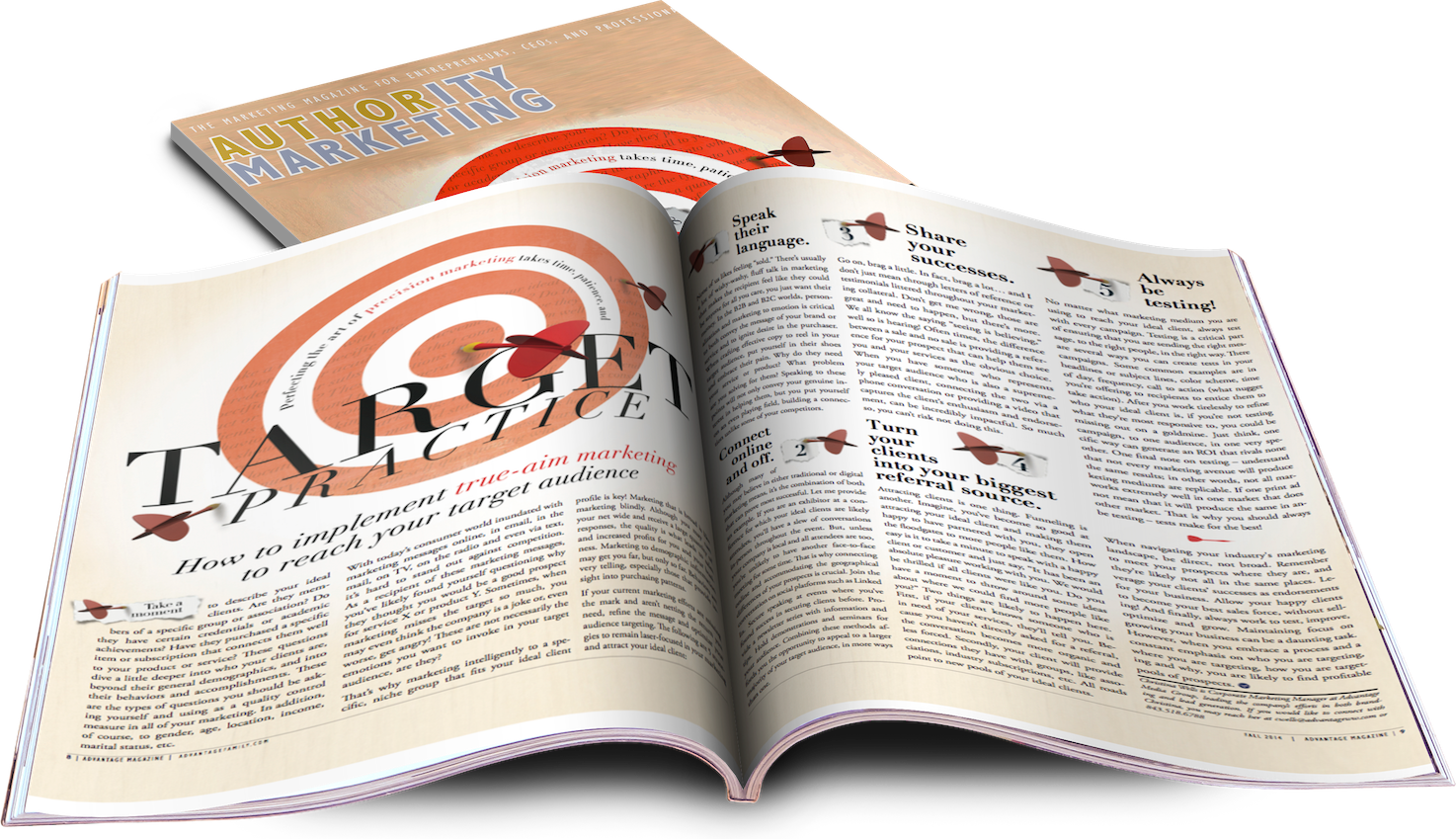 開放雜誌：權威行銷文章 壁紙 — 一本打開的書，書名為「Author Marketing」，有粗體文字和紅色絲帶書籤，放在木桌上。