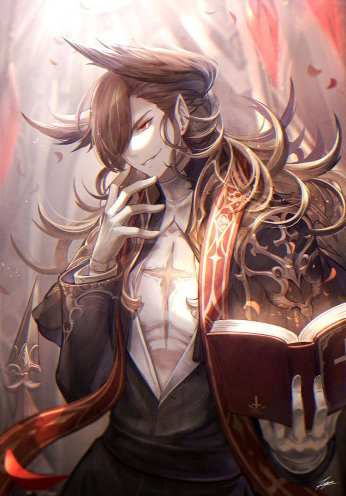 長髮動漫精靈在神秘發光的場景中拿著一本書。