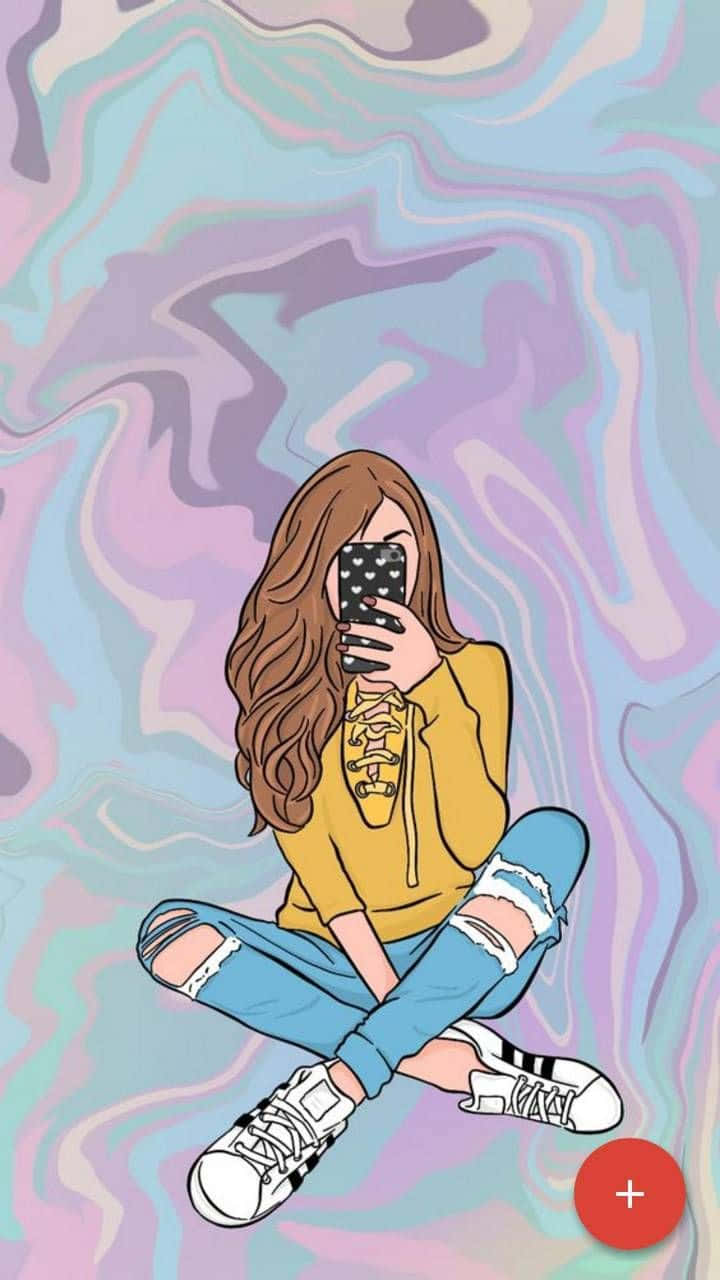 穿著黃色連帽衫和破洞牛仔褲的女孩用手機自拍。