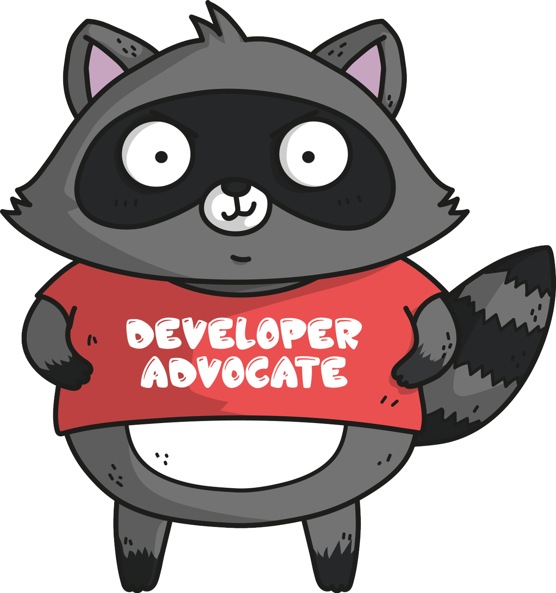 開發者倡議浣熊卡通 壁紙 — 一隻卡通浣熊穿著一件印有 developer advocate 字樣的紅色襯衫，站在純白色背景前。