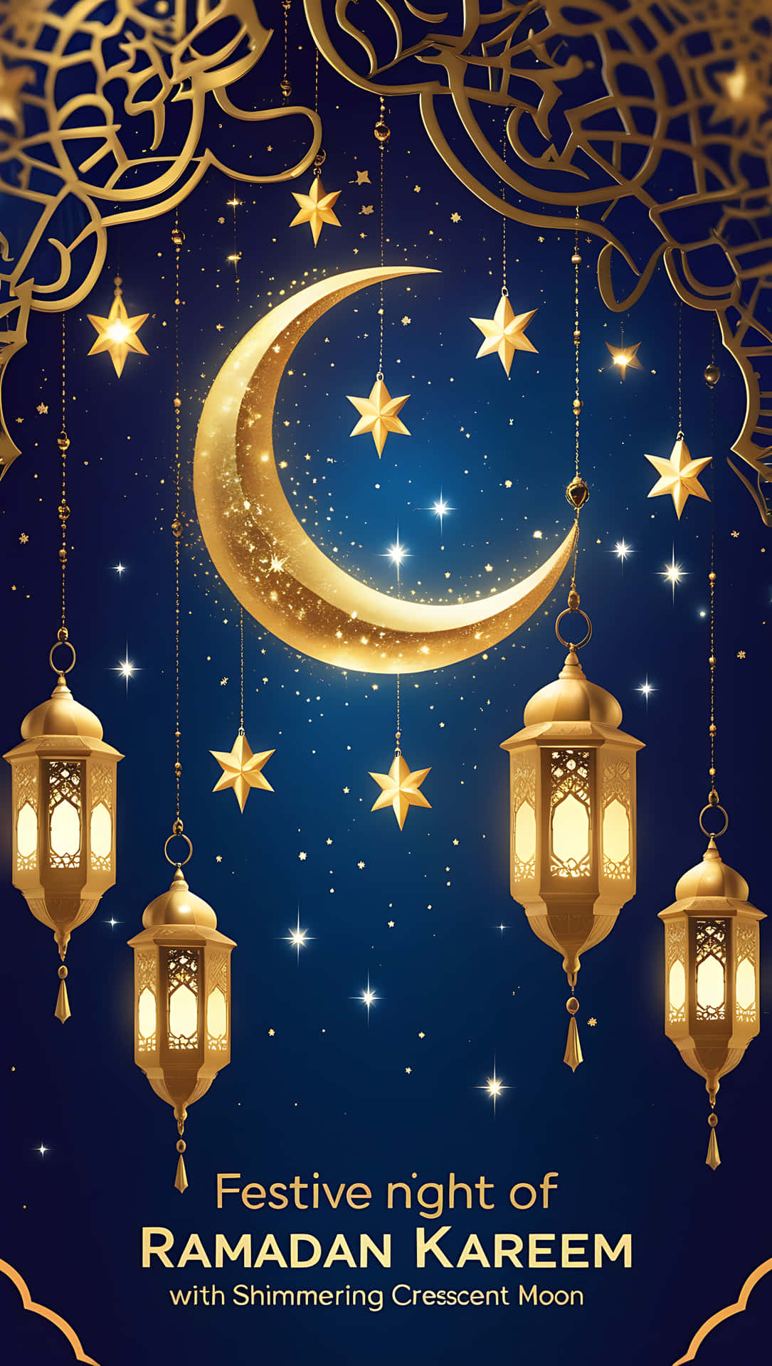 節日齋月卡里姆之夜，金色新月和懸掛的燈籠在星空下