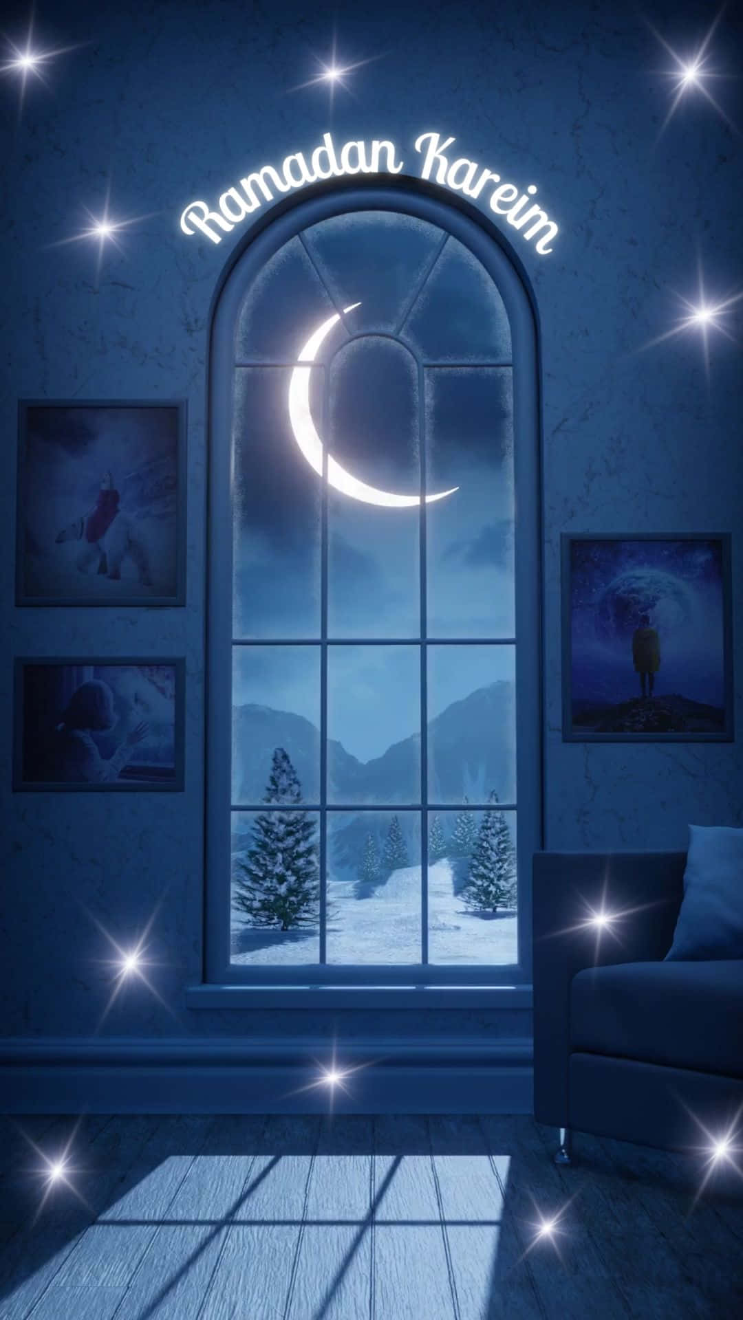 舒適的房間，透過拱形窗戶看到雪覆蓋的山景，在發光的彎月和Ramadan Kareem文字下。