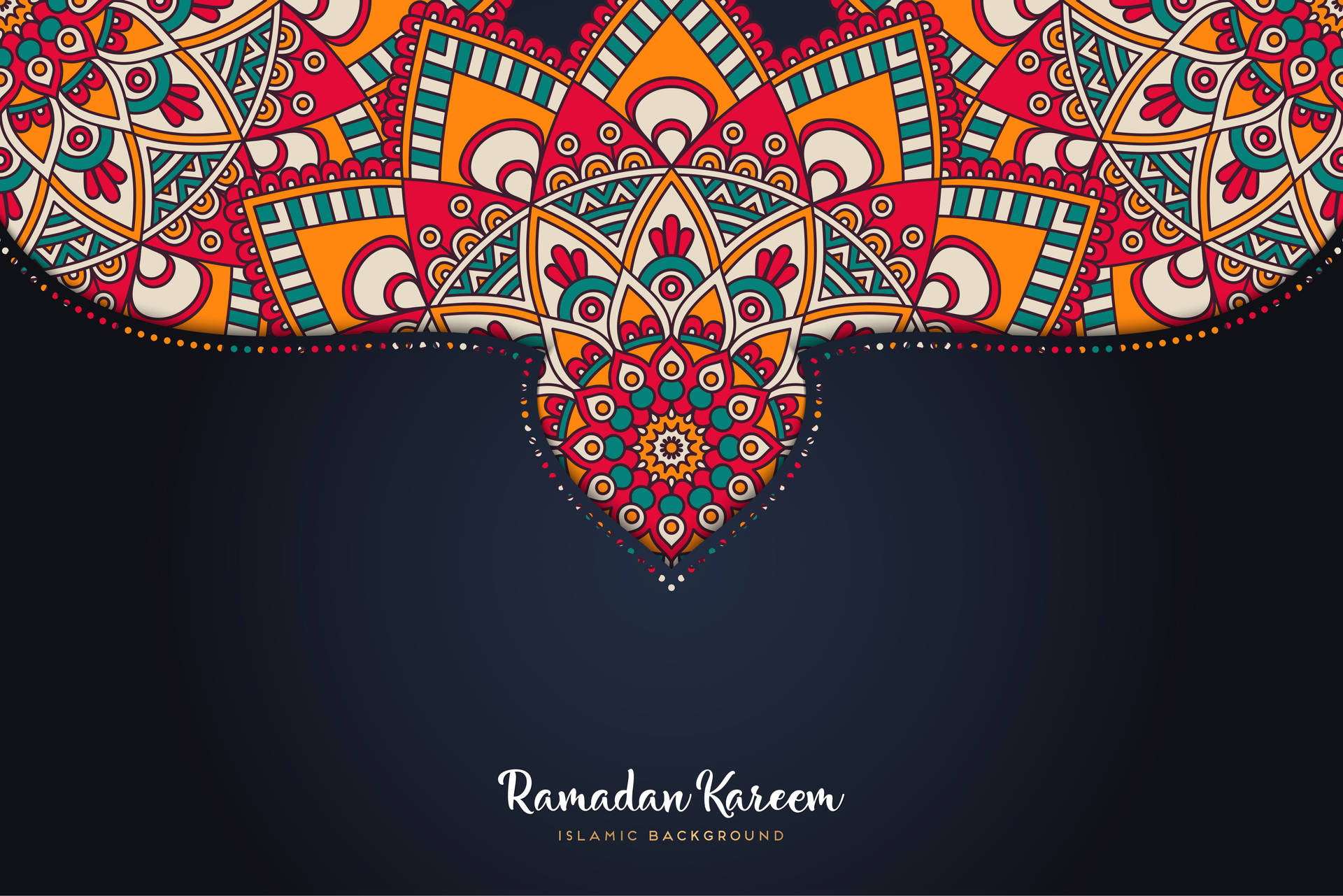 在深藍色背景上，帶有華麗彩色曼陀羅設計的 Ramadan Kareem 祝福。