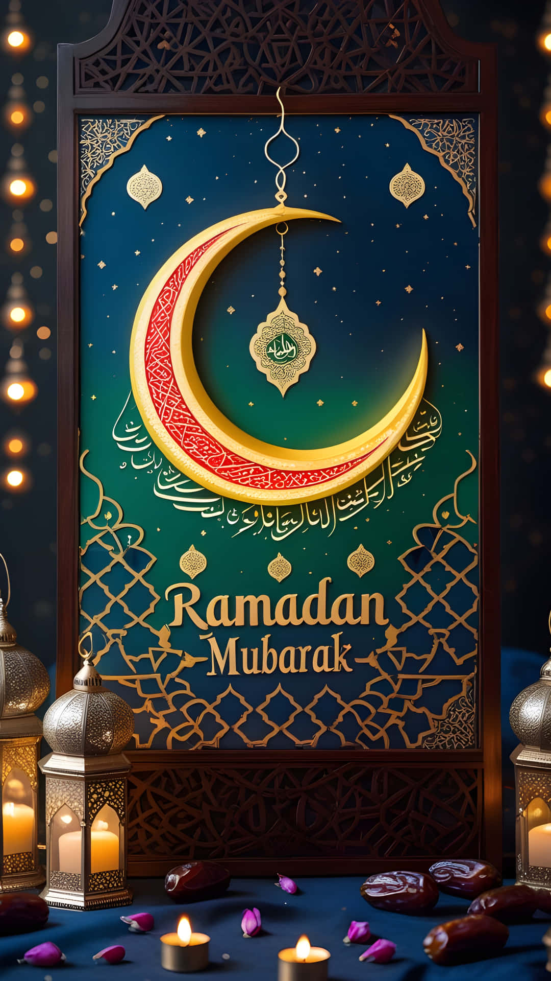 Ramadan Mubarak 祝福，新月、燈籠和椰棗擺放在深藍色桌布上