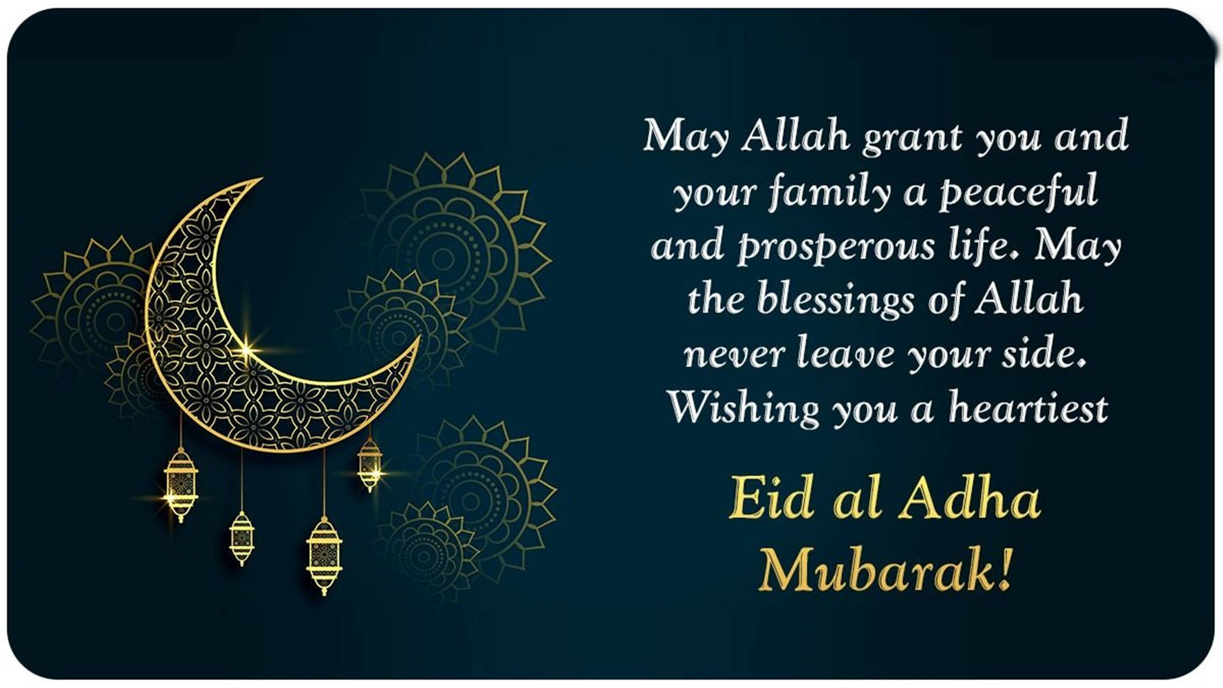 深藍色背景上帶有金色新月和燈籠的Eid al Adha祝福卡。