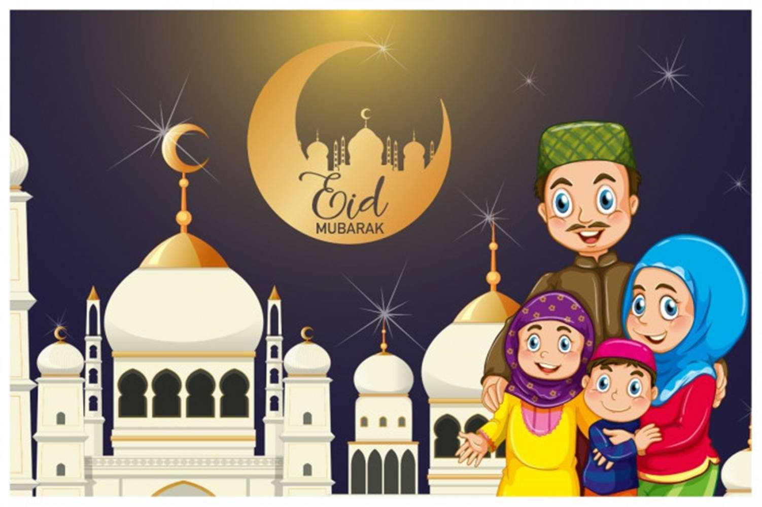 快樂的穆斯林家庭在彎月下的清真寺前慶祝 Eid Mubarak。
