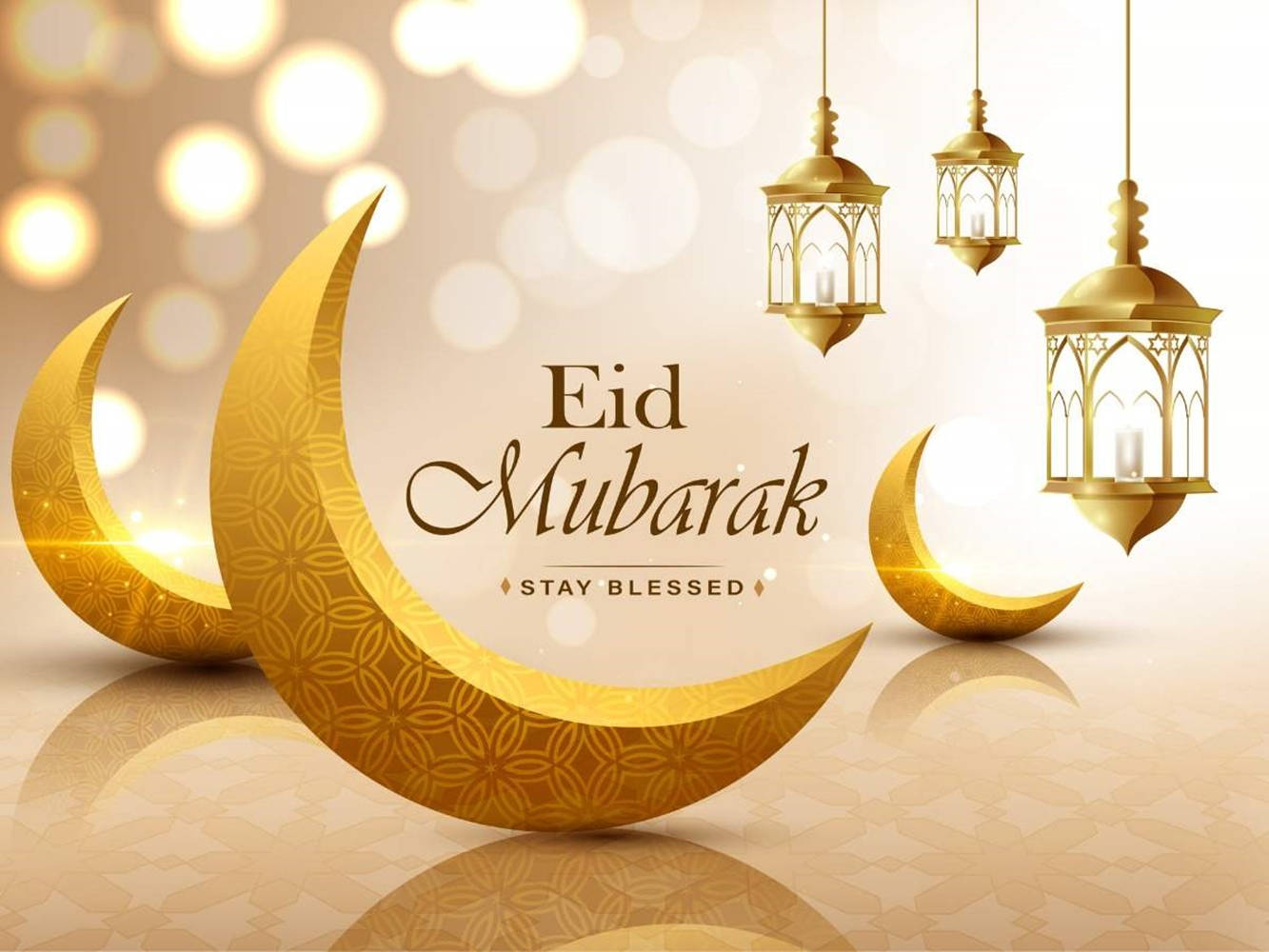 金色新月和燈籠，帶有慶祝用的Eid Mubarak文字。