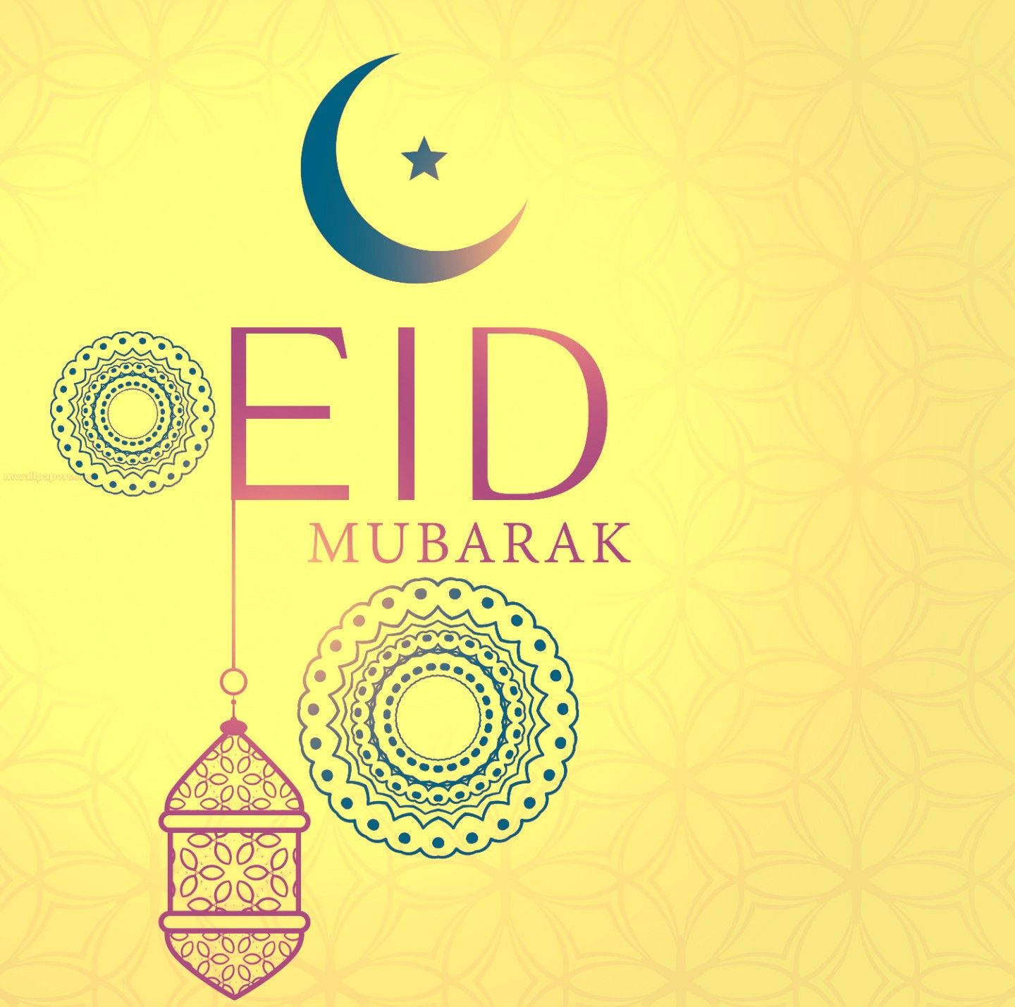 Eid Mubarak問候，帶有新月、星星、燈籠和曼陀羅圖案，黃色背景