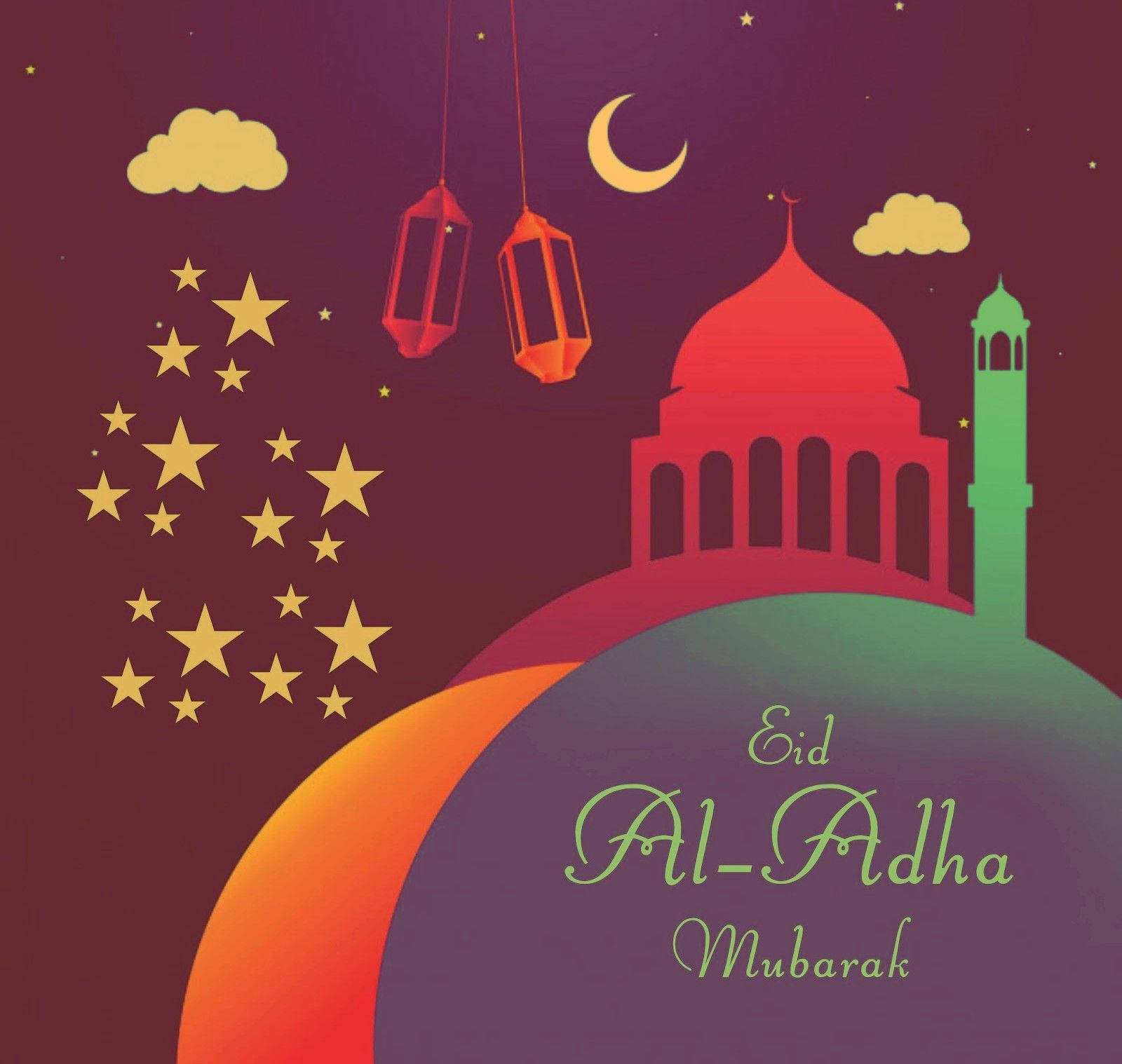 Eid Al-Adha Mubarak 祝福，包含清真寺、燈籠、星星和新月。