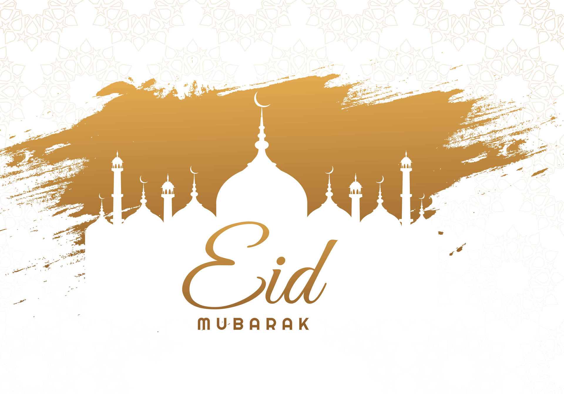 Eid Mubarak 祝福語，帶有清真寺剪影和金色筆觸設計。