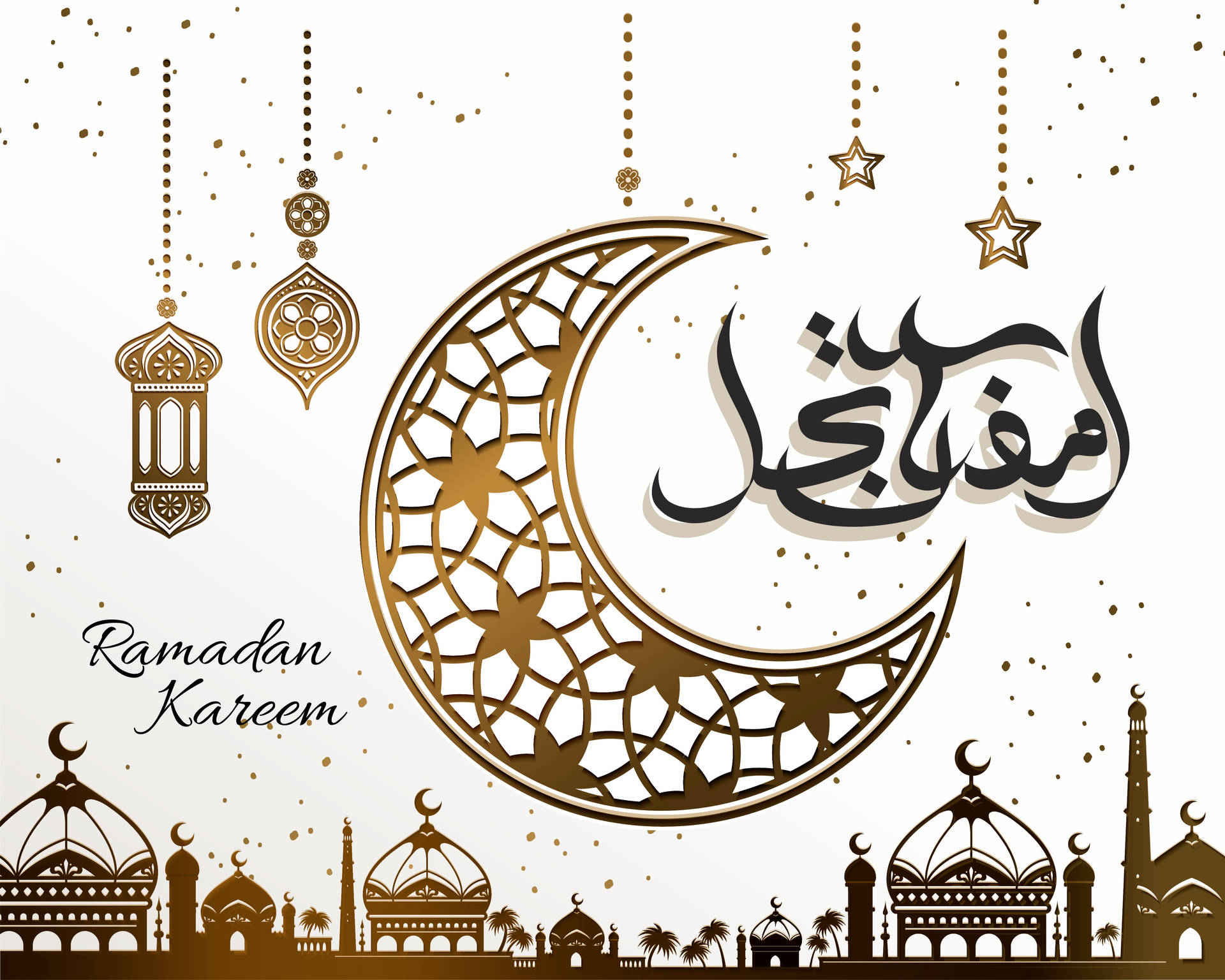 Ramadan Kareem 祝福，以金色和黑色呈現新月星星和清真寺剪影。 — 伊斯蘭 壁紙