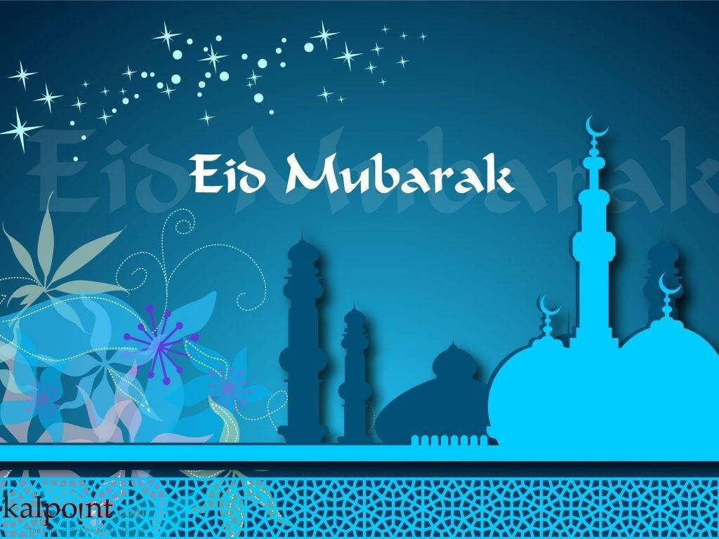 藍色背景上帶有清真寺和花卉設計的Eid Mubarak賀卡。