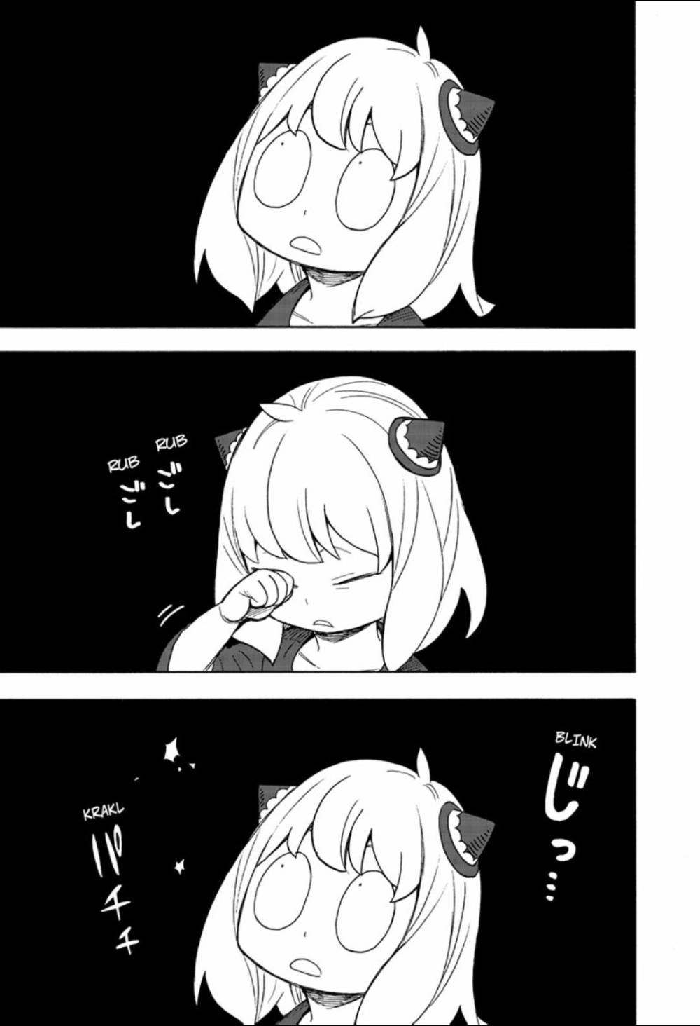 間諜家家酒 Anya 簡約塗鴉 壁紙 — 一個黑白動漫女孩，戴著貓耳，在三個富有表現力的漫畫格中眨眼並揉眼睛。