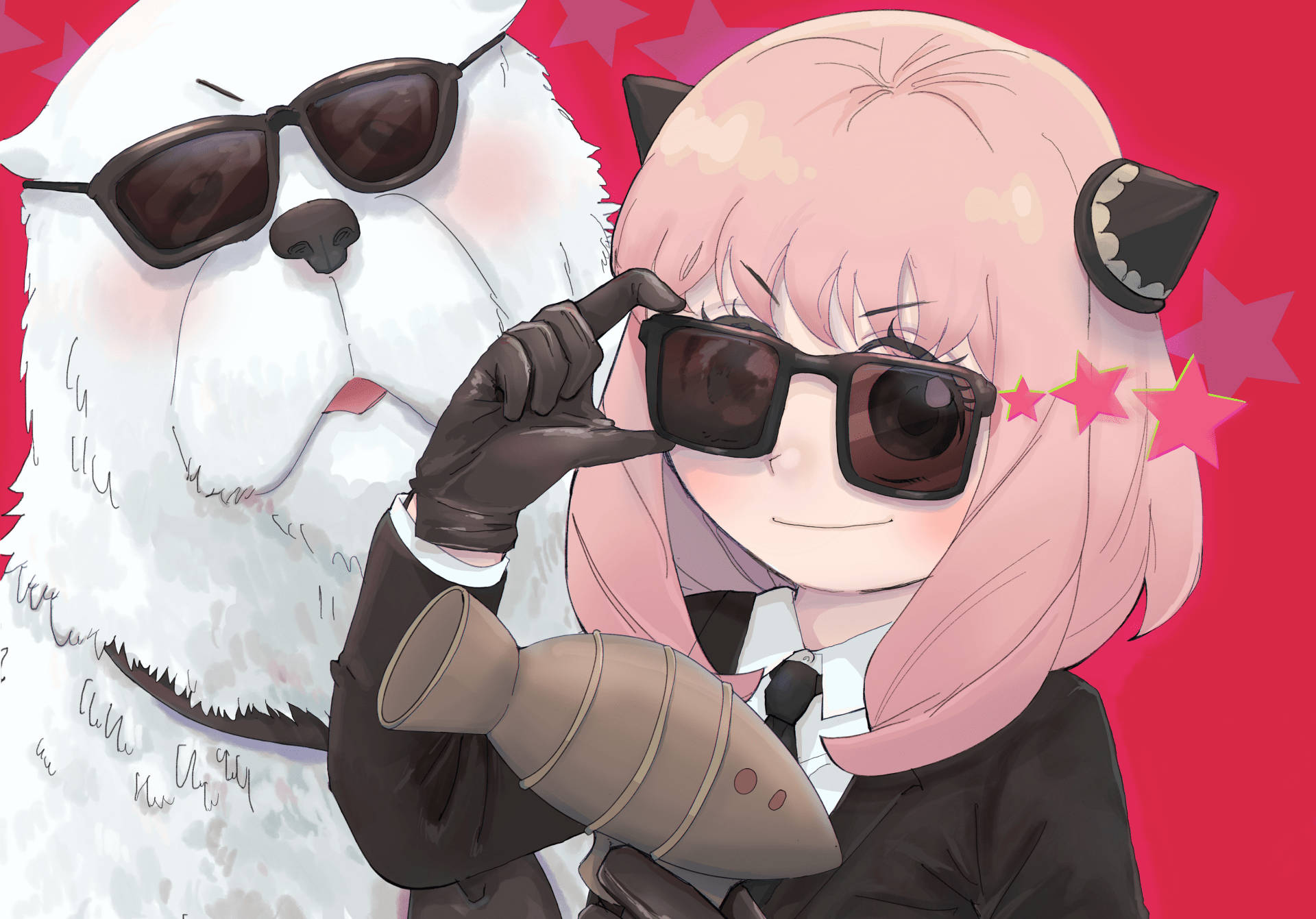 《間諜家家酒》Anya 與 Bond 壁紙 — 一個粉紅色頭髮的動漫女孩和一隻白色毛茸茸的狗都戴著太陽眼鏡，在充滿活力的紅色星空背景下自信地擺姿勢。