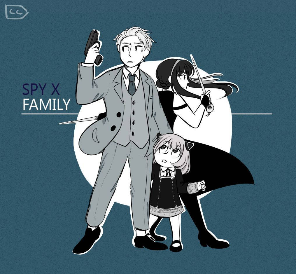 《間諜家家酒》卡通風格圖像 壁紙 — 三個來自 Spy X Family 的動漫角色在深藍色背景前手持武器準備就緒。