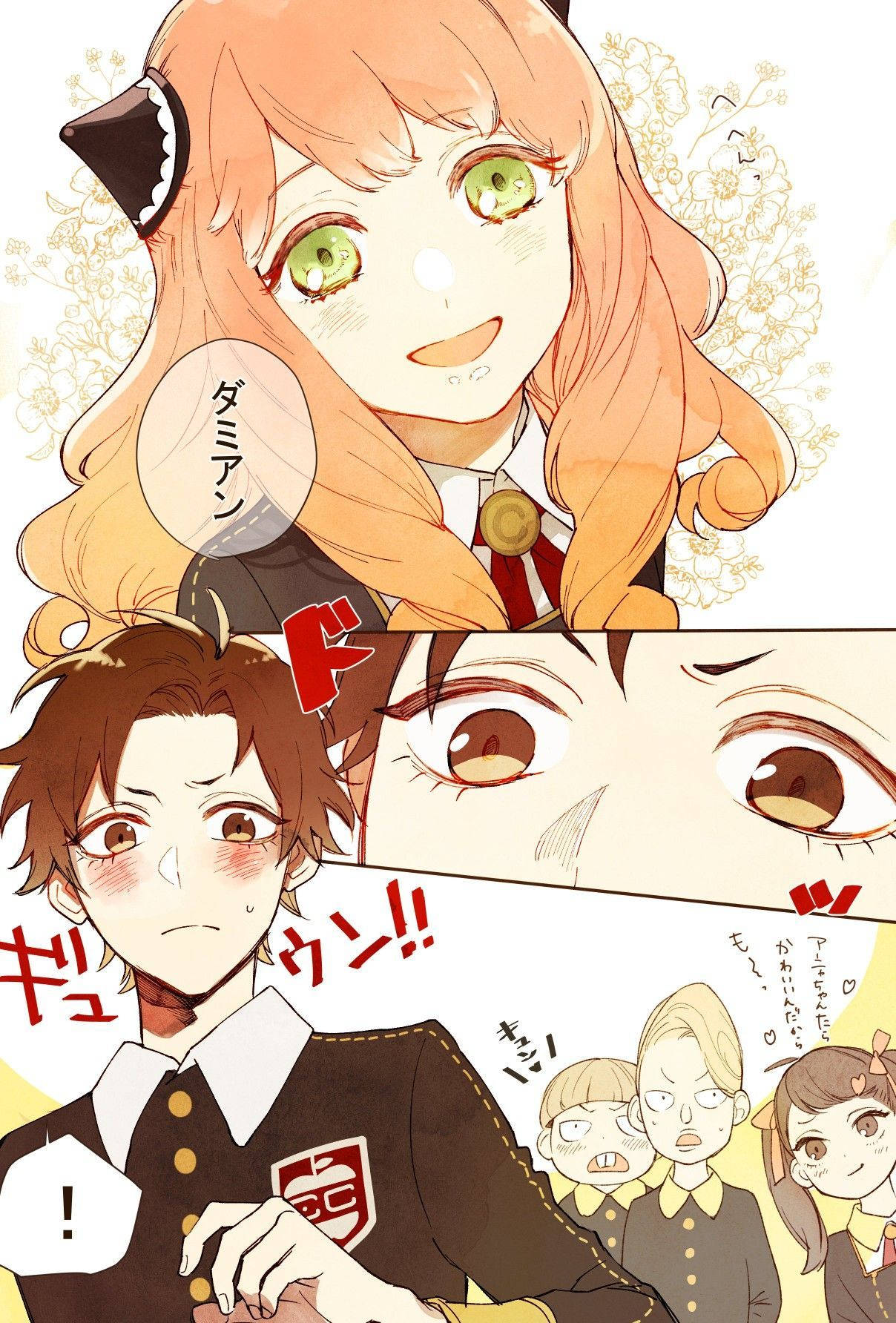 間諜家家酒 彩色漫畫頁面 壁紙 — 橙色頭髮綠色眼睛的動畫女孩向下微笑看著一個穿著校服的慌亂男孩。