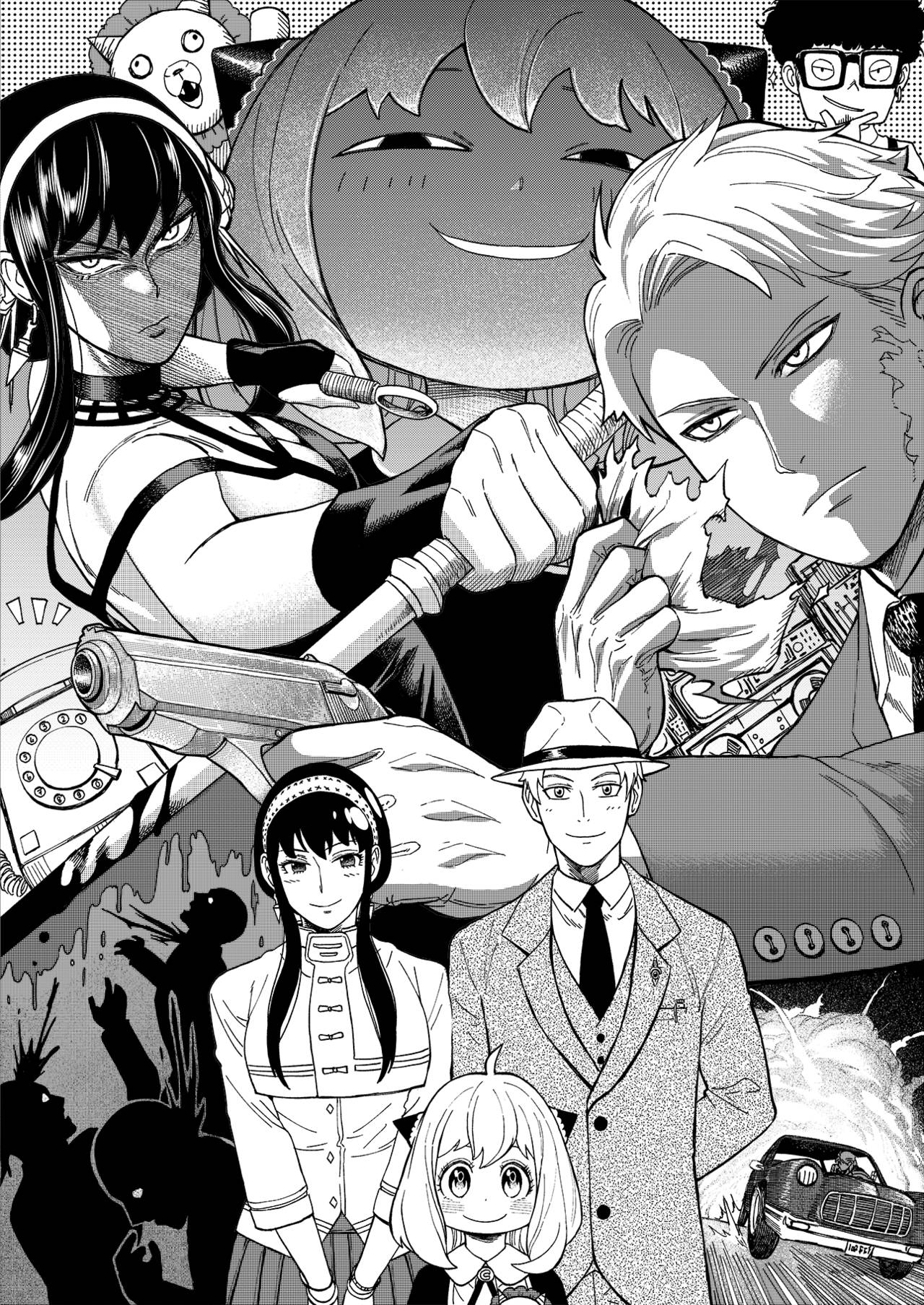 間諜家家酒 灰階漫畫 壁紙 — 一個動態黑白漫畫面板，包含多個角色以動作姿勢呈現，搭配一輛復古汽車和戲劇性的表情。