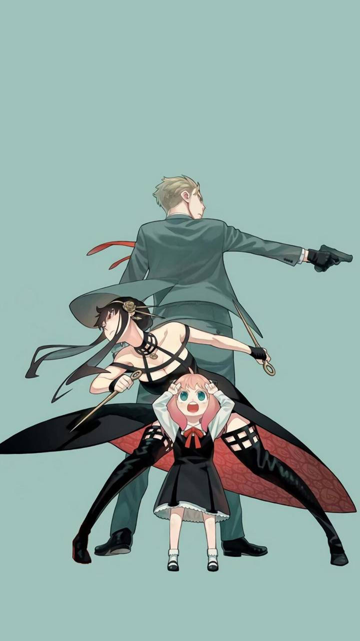 間諜家家酒 獵人裝束 壁紙 — 三個動漫角色以動態姿勢手持武器，背景為純青色。