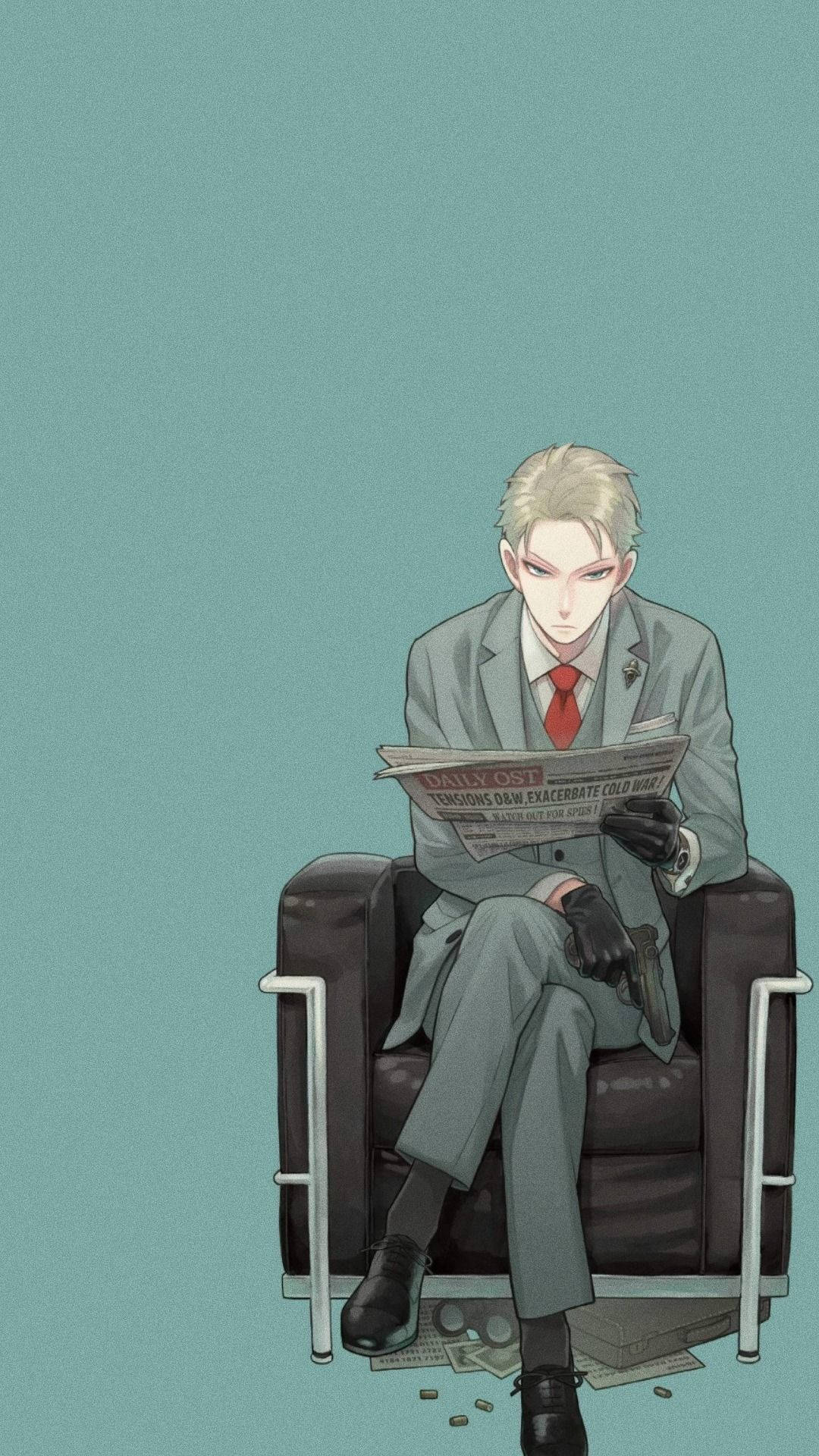 間諜家家酒暮光藝術 壁紙 — 一位金髮動漫男子穿著灰色西裝和紅色領帶，坐在現代椅子上，在青綠色背景前閱讀報紙。