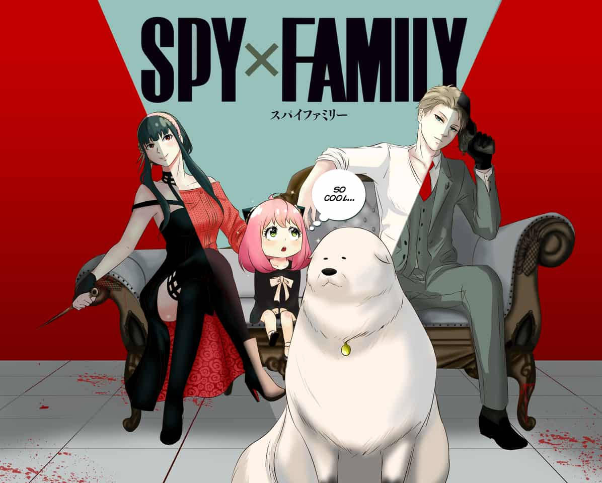 間諜家家酒與狗邦 壁紙 — Spy x Family 動畫角色在一張沙發上擺姿勢，前面有一隻白色的狗，背景為紅色和藍綠色。