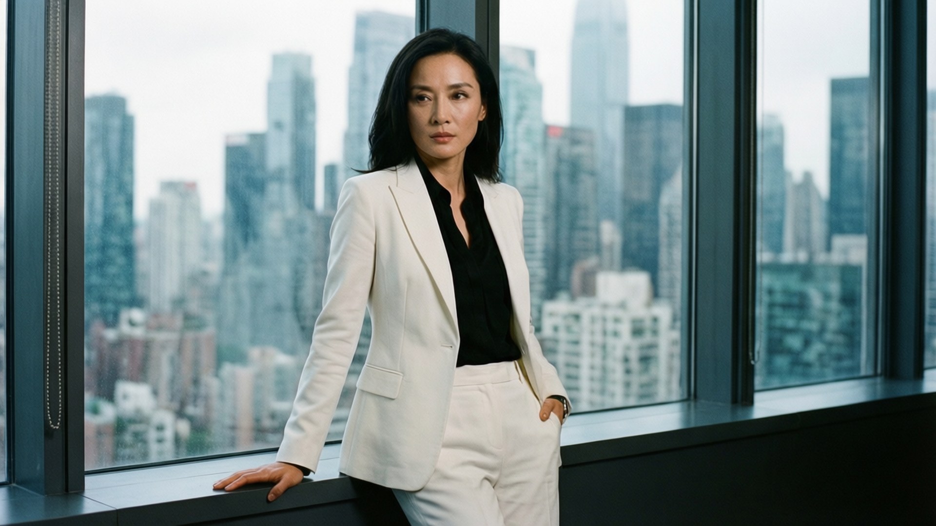 自信的女商人身穿白色西裝站在城市景觀窗前。