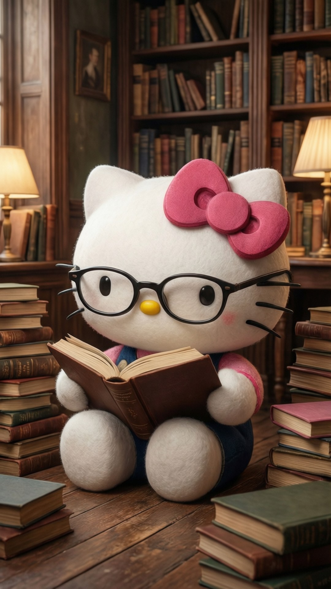 閱讀中的Hello Kitty 壁紙 — 戴眼鏡的Hello Kitty在舒適的木製圖書館中，被一堆復古書籍包圍著看書。