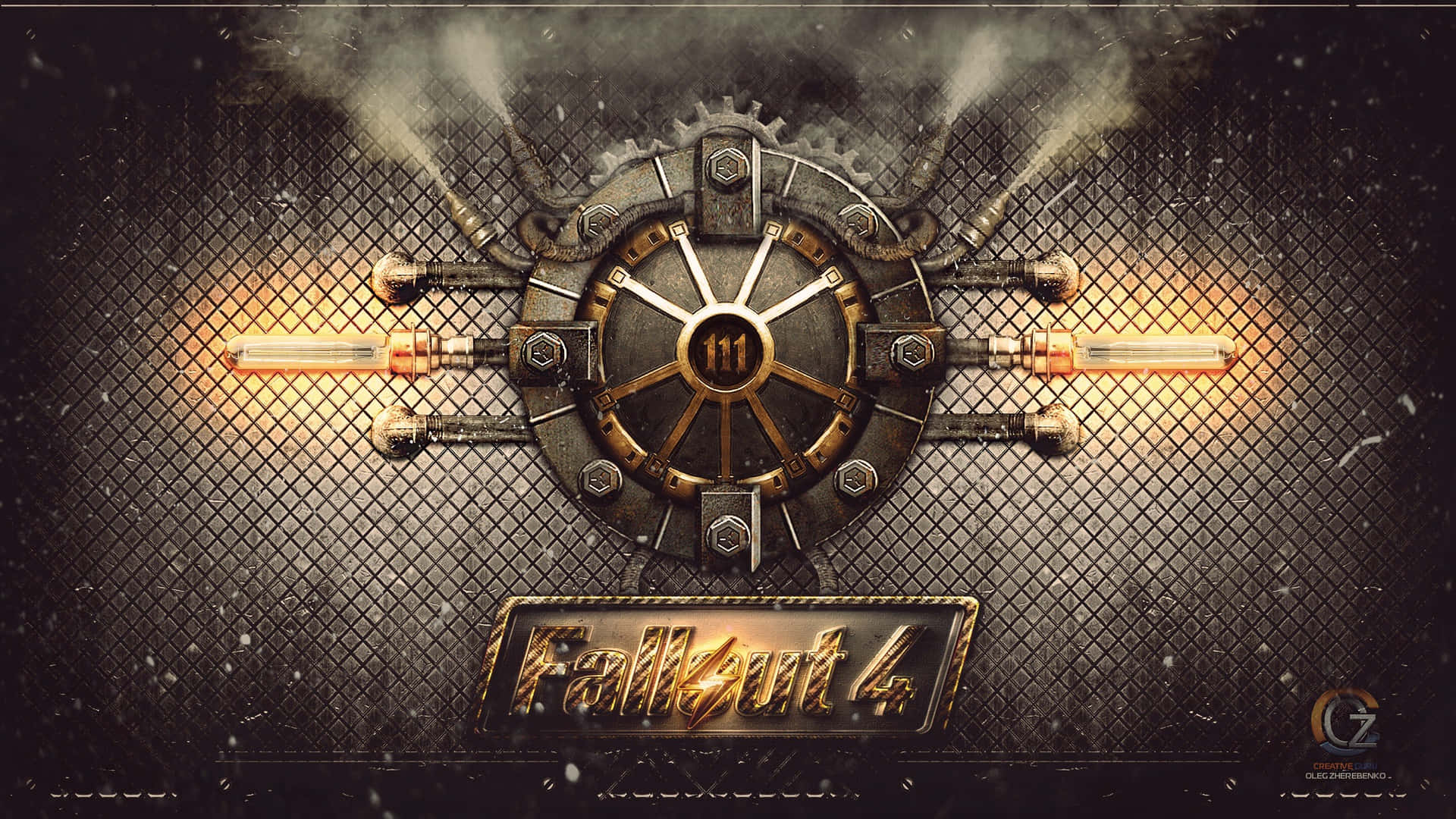 Fallout 4 保險庫門，在深色網格背景上有發光的管道和煙霧。