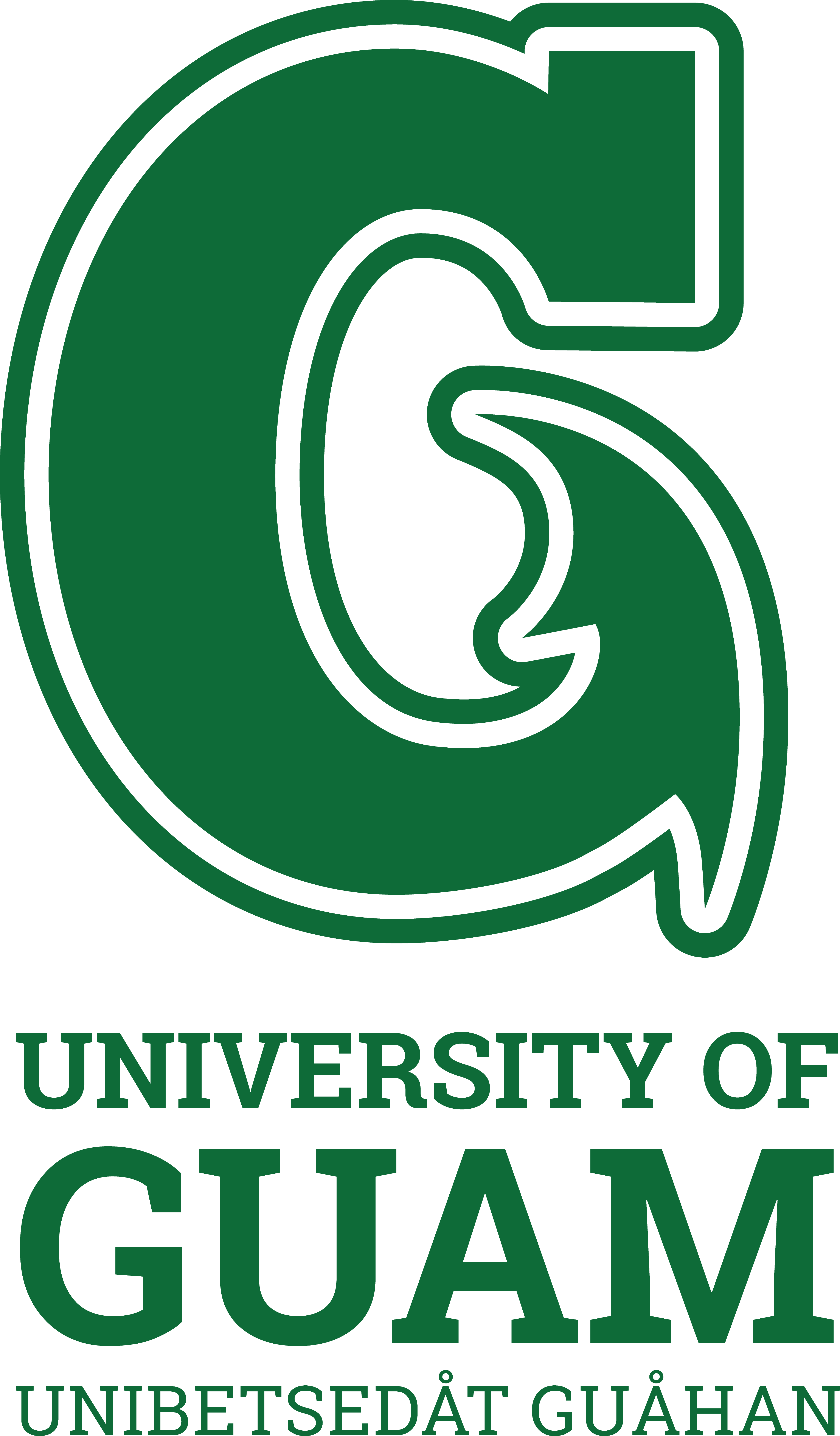 關島大學標誌 壁紙 — 黑色背景上，下方帶有University of Guam文字的醒目綠色風格化G標誌。