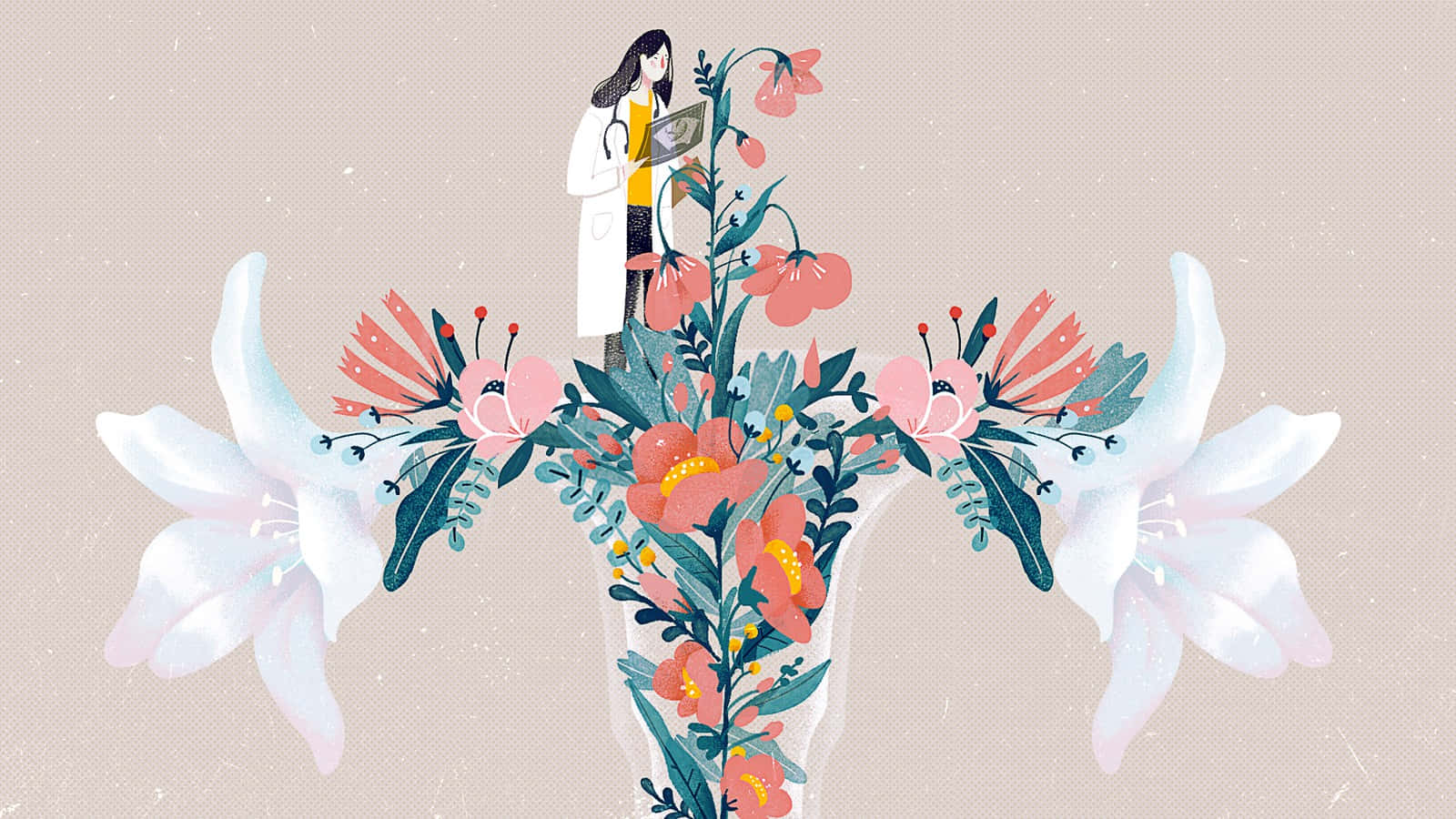 醫生檢查排列成子宮形狀的花朵的插圖。