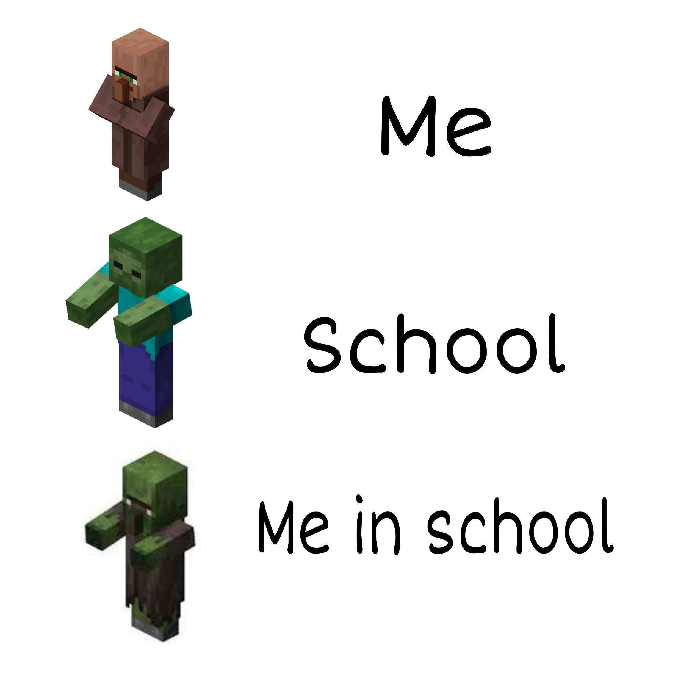 關於學校的Minecraft梗圖 壁紙 — 三個標記為「我 學校 我」的Minecraft角色在學校中，展示從正常到殭屍狀態的轉變。