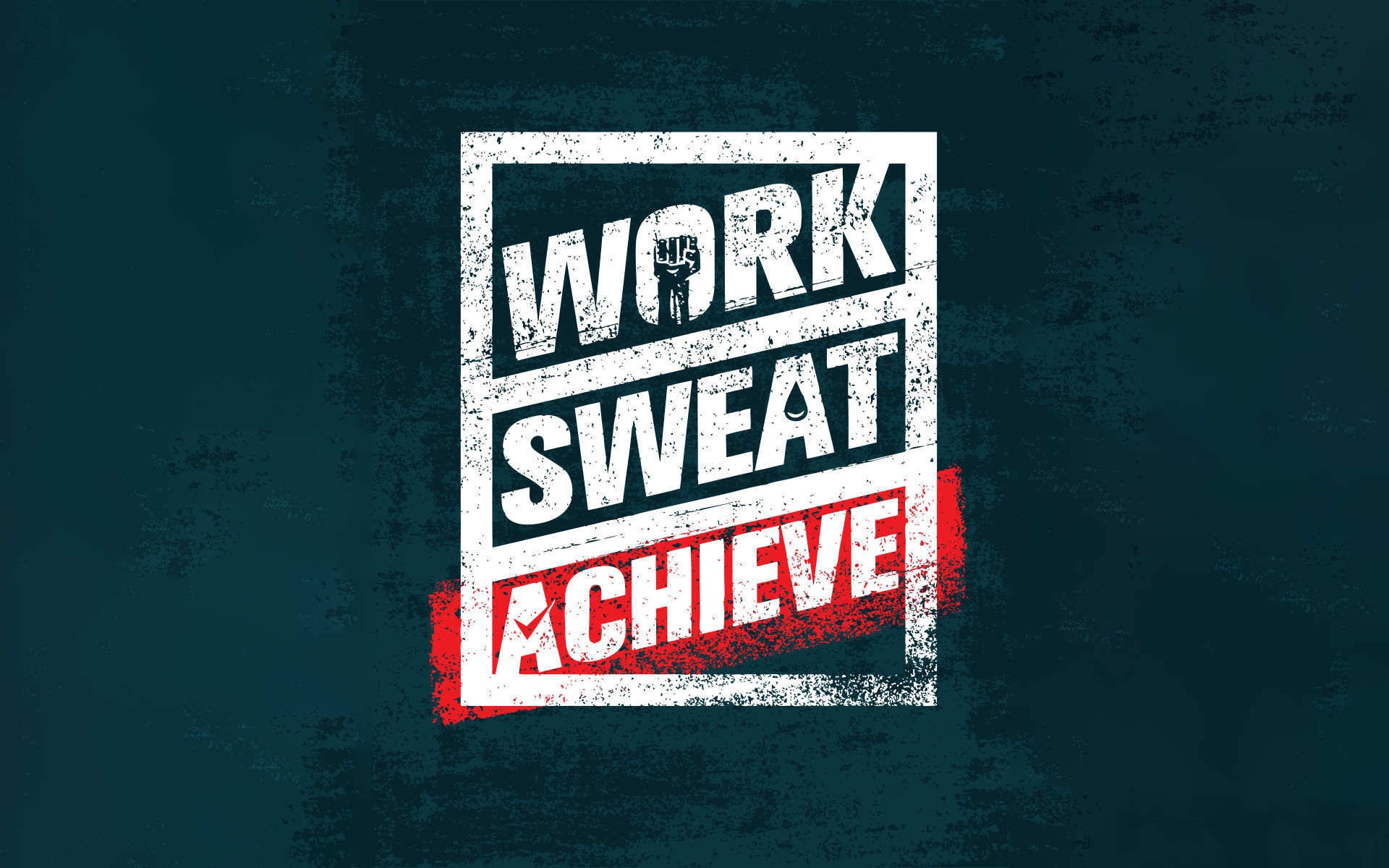 深青色背景上以大膽破舊風格呈現的勵志文字 work sweat achieve