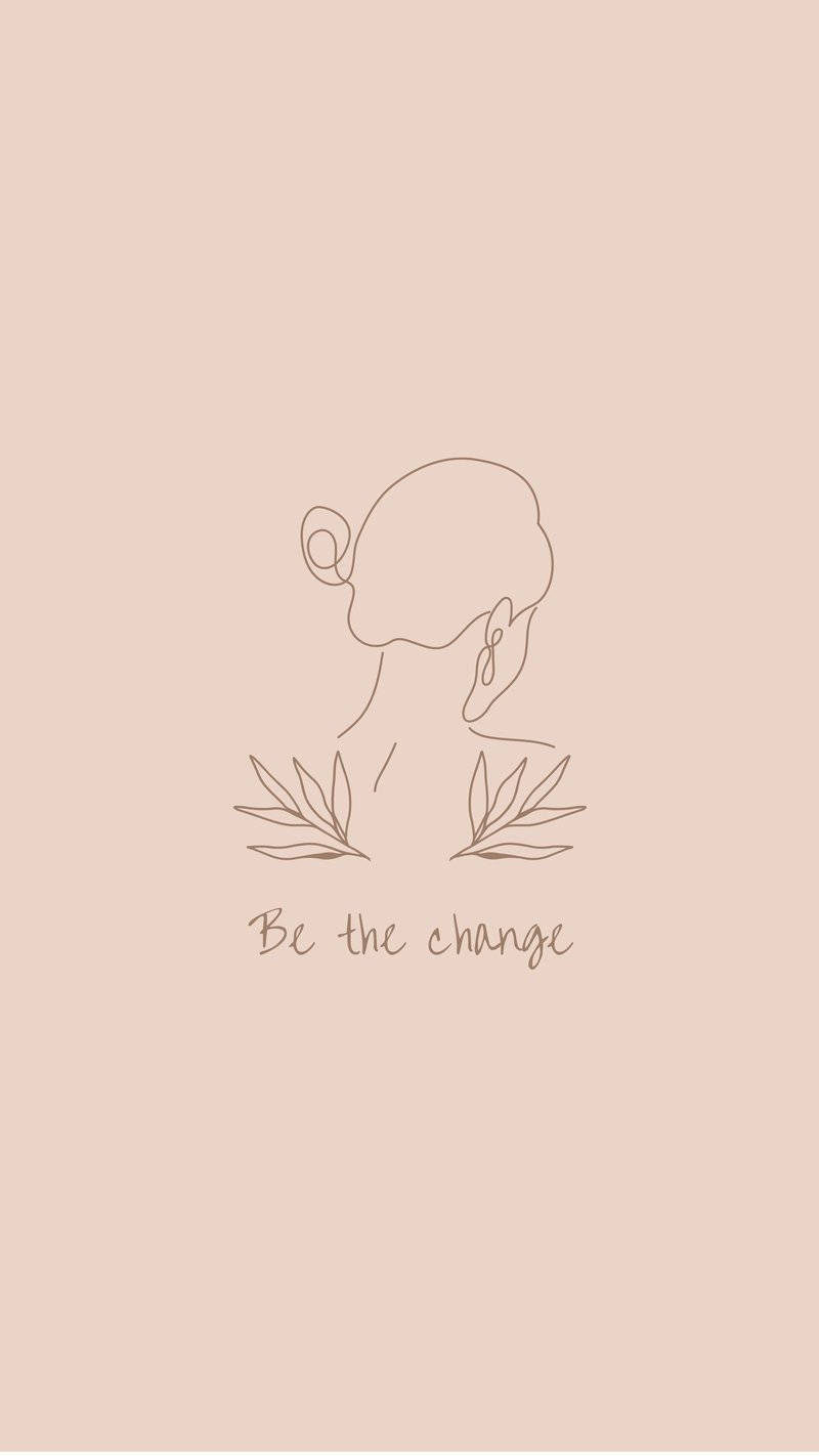 米色背景上，女性側面輪廓的線條藝術，飾有月桂葉和「Be the change」字句。