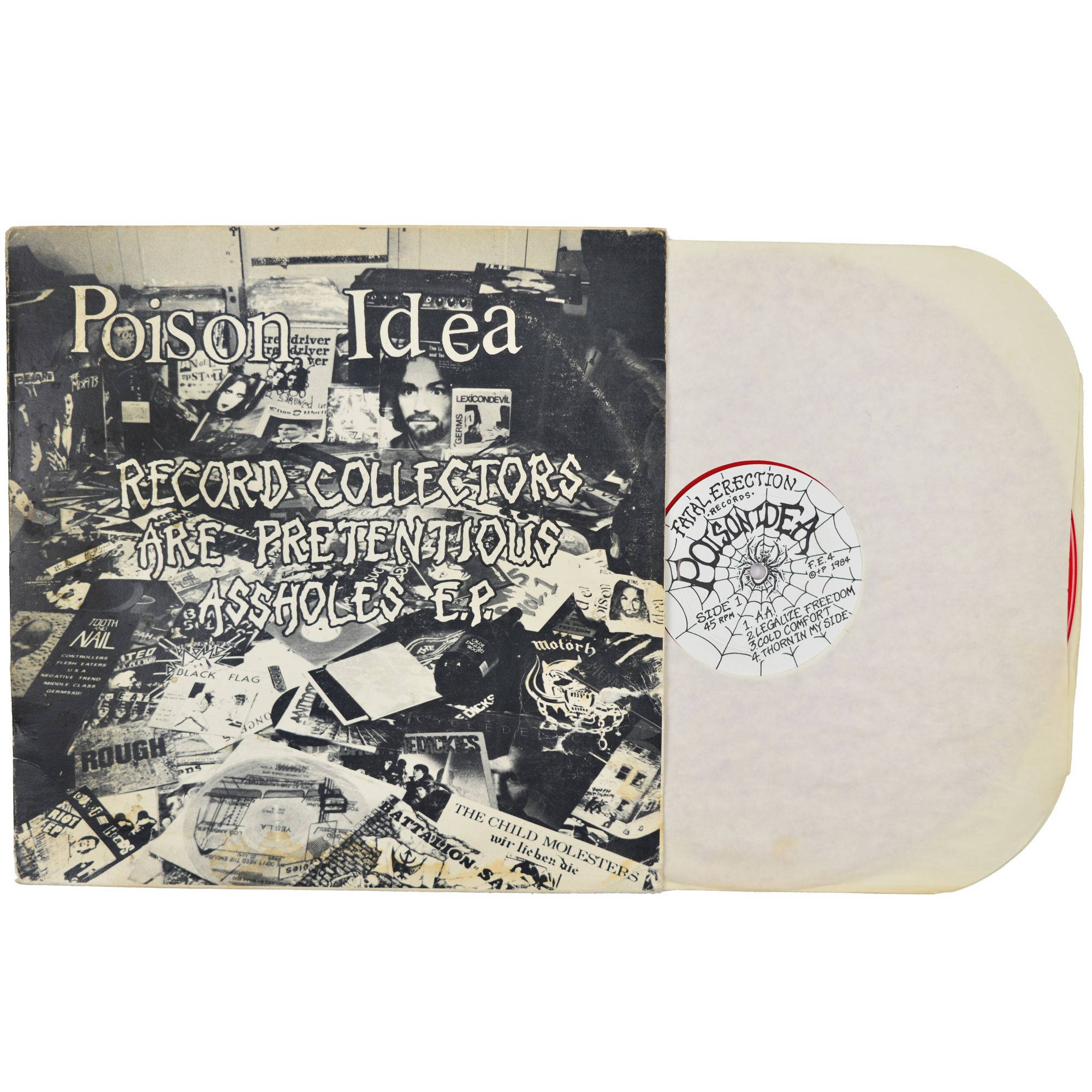 關於誇張唱片收藏家的金句 壁紙 — Poison Idea嘅《Record Collectors Are Pretentious Assholes E.P.》黑白黑膠唱片封套打開咗，擺喺半透明忌廉色黑膠碟旁邊。