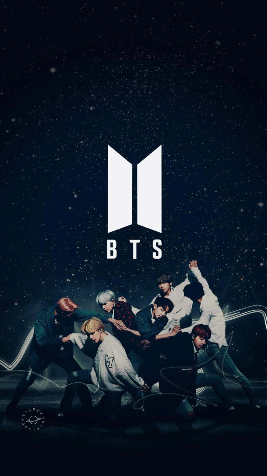 防彈少年團跳舞 iPhone 壁紙 — BTS 七位成員在星空下動感擺姿勢，他們的標誌在他們上方發光。