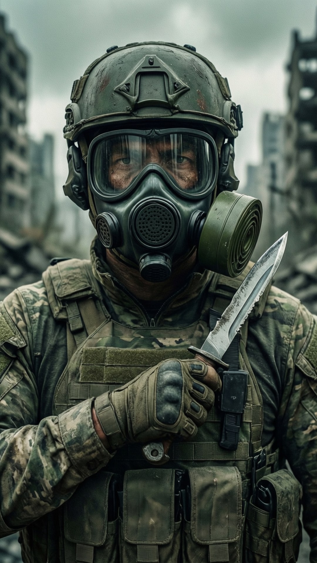 戴防毒面具的士兵在廢墟城市中持刀