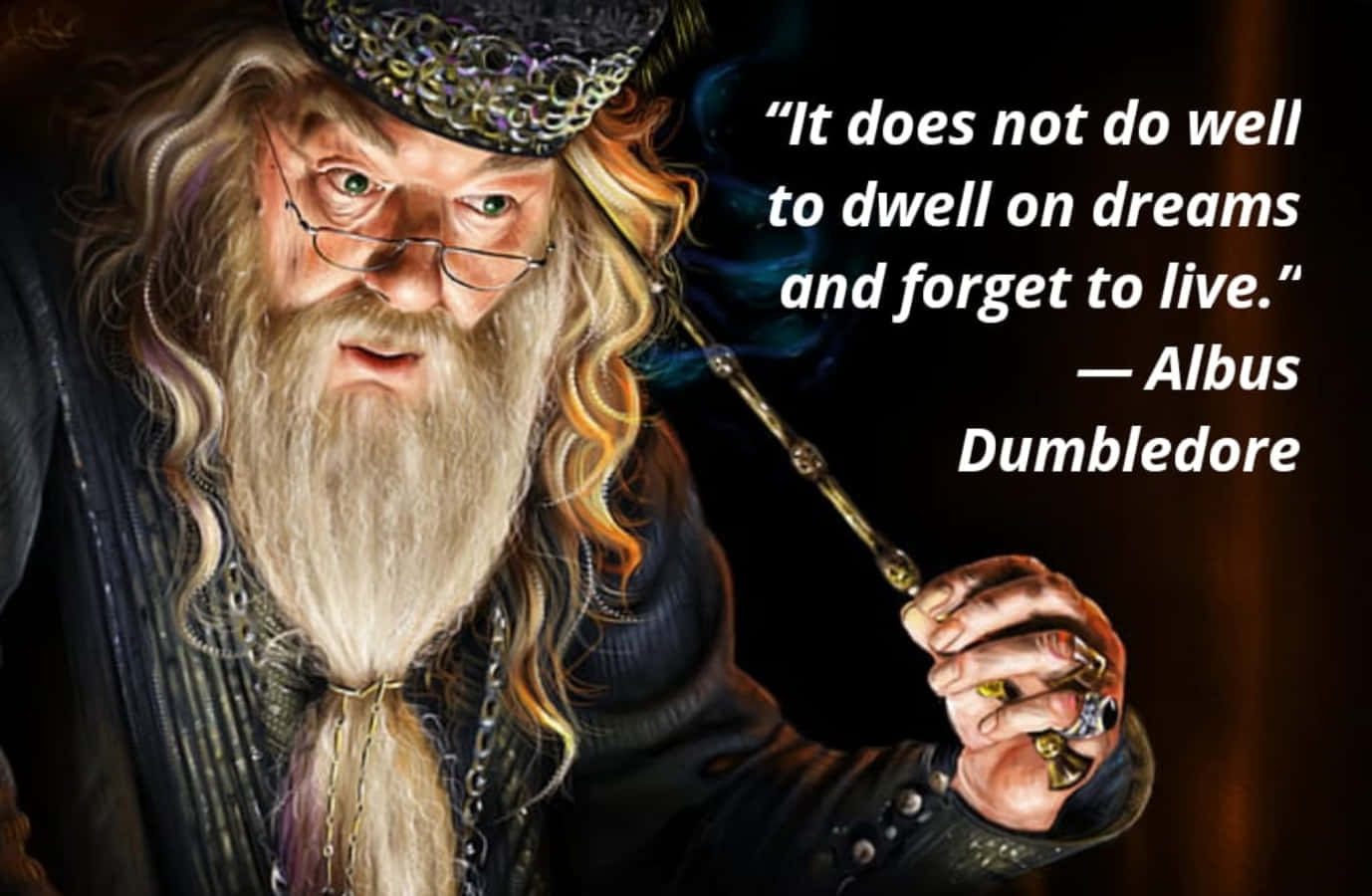 Harry Potter Quotes 桌布 壁紙 — 阿不思·鄧不利多留著長長的白鬍鬚和戴著眼鏡，手持魔杖，旁邊出現一句引言，背景是深色的。