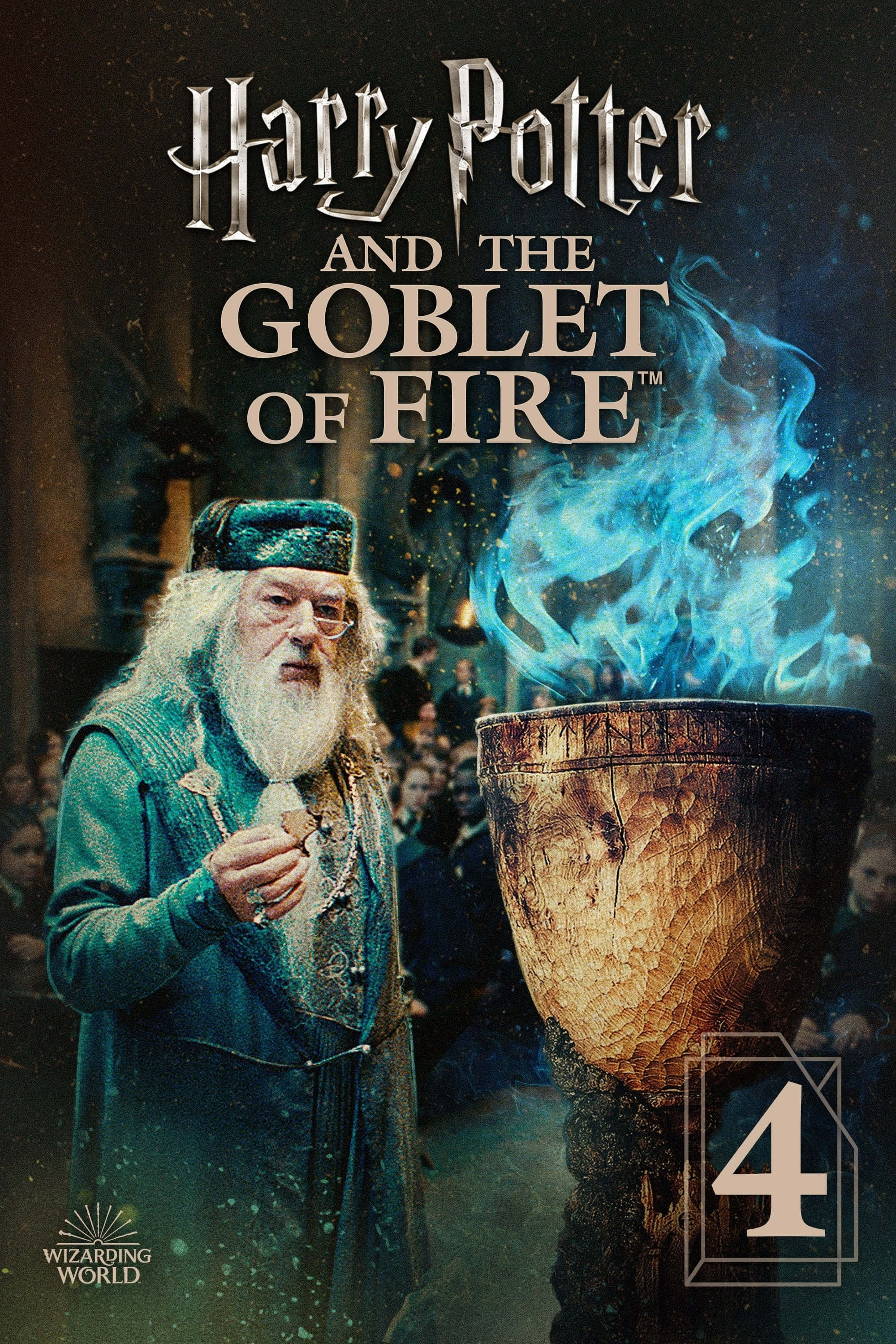 The Goblet Of Fire 桌布 壁紙 — 阿不思·鄧不利多莊嚴地站在火盃旁，藍色魔法火焰從火盃口中噴出，構成一張戲劇性的電影海報。